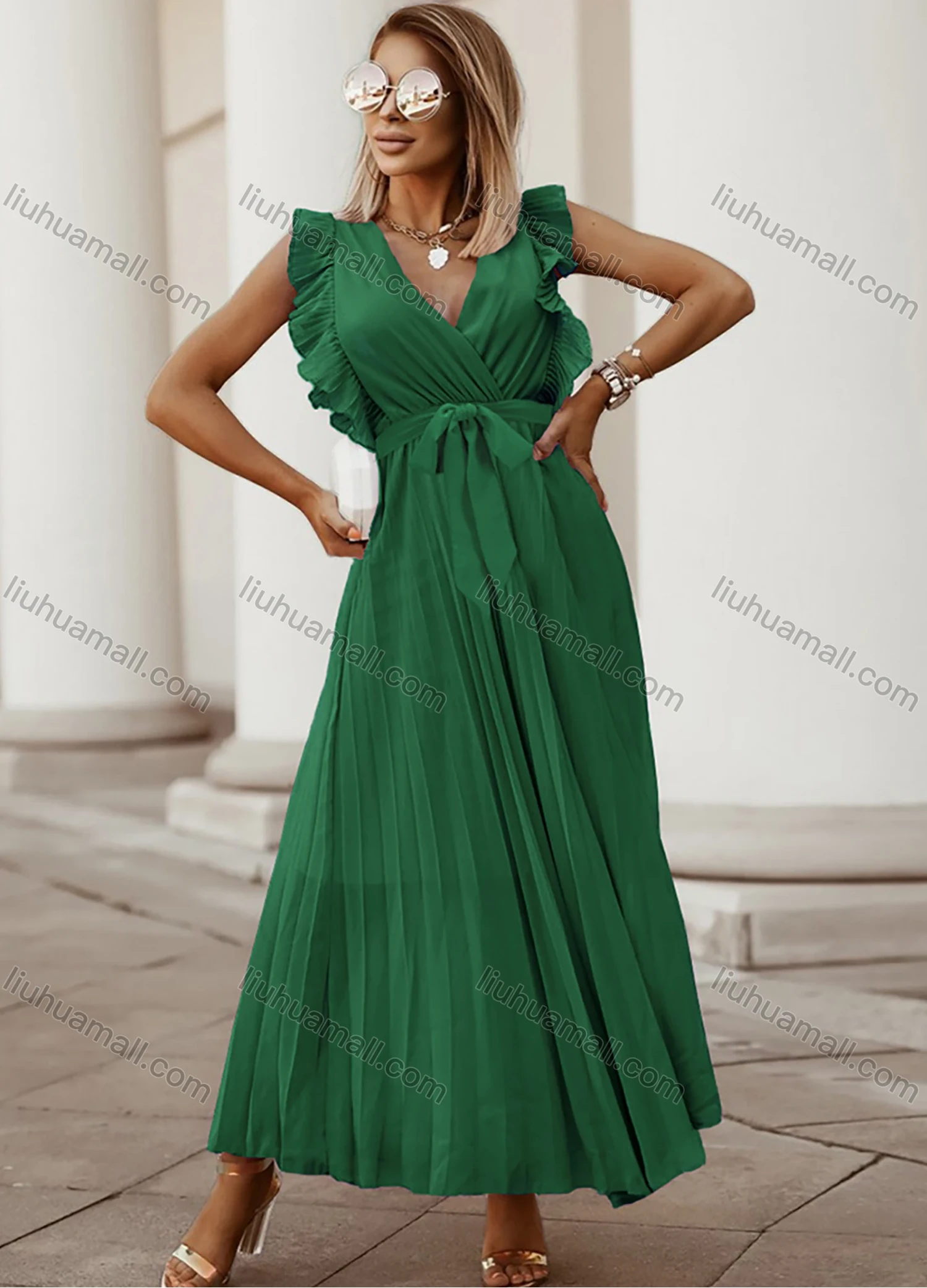 Wholesale Woman's Elegant Plain Wrap V Neck Ruffle Trim Pleated Ruched Maxi Dress With Belt - Liuhuamall