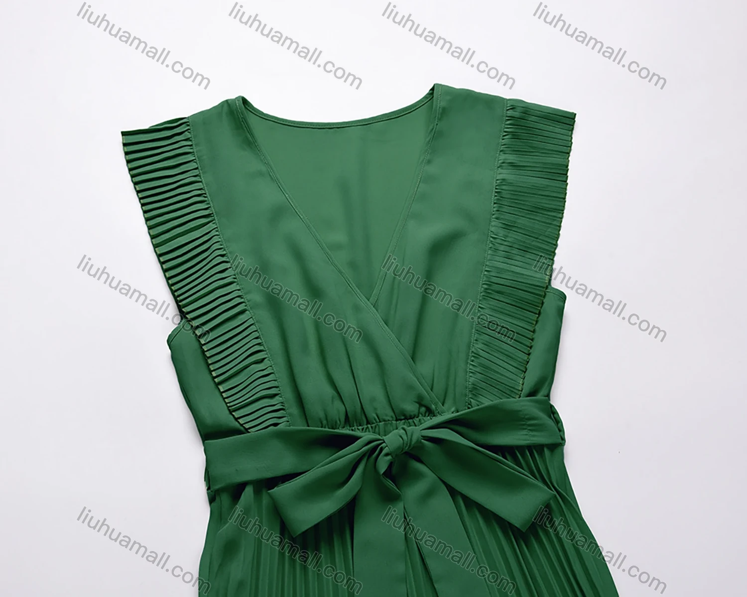 Wholesale Woman's Elegant Plain Wrap V Neck Ruffle Trim Pleated Ruched Maxi Dress With Belt - Liuhuamall