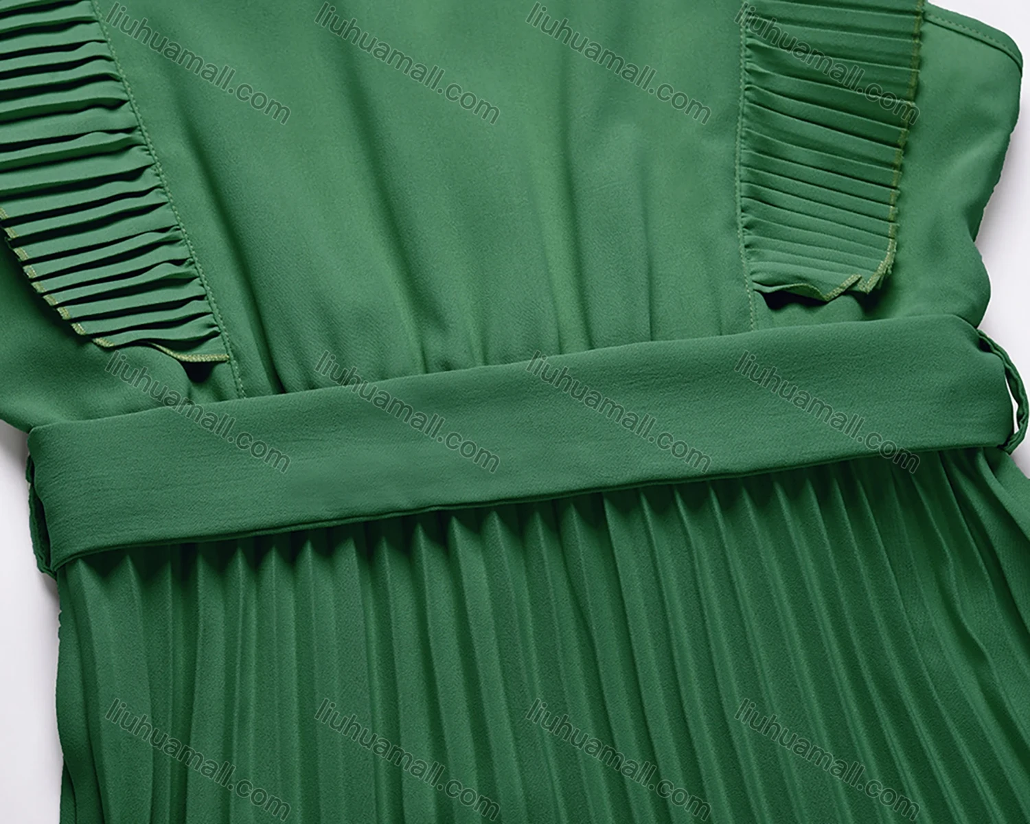 Wholesale Woman's Elegant Plain Wrap V Neck Ruffle Trim Pleated Ruched Maxi Dress With Belt - Liuhuamall