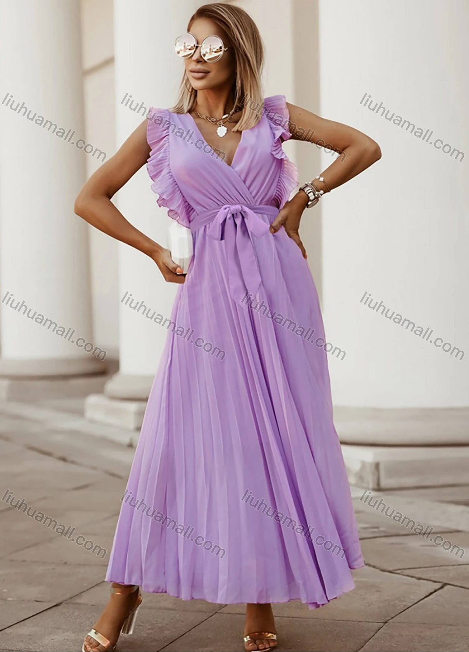 Wholesale Woman's Elegant Plain Wrap V Neck Ruffle Trim Pleated Ruched Maxi Dress With Belt - Liuhuamall