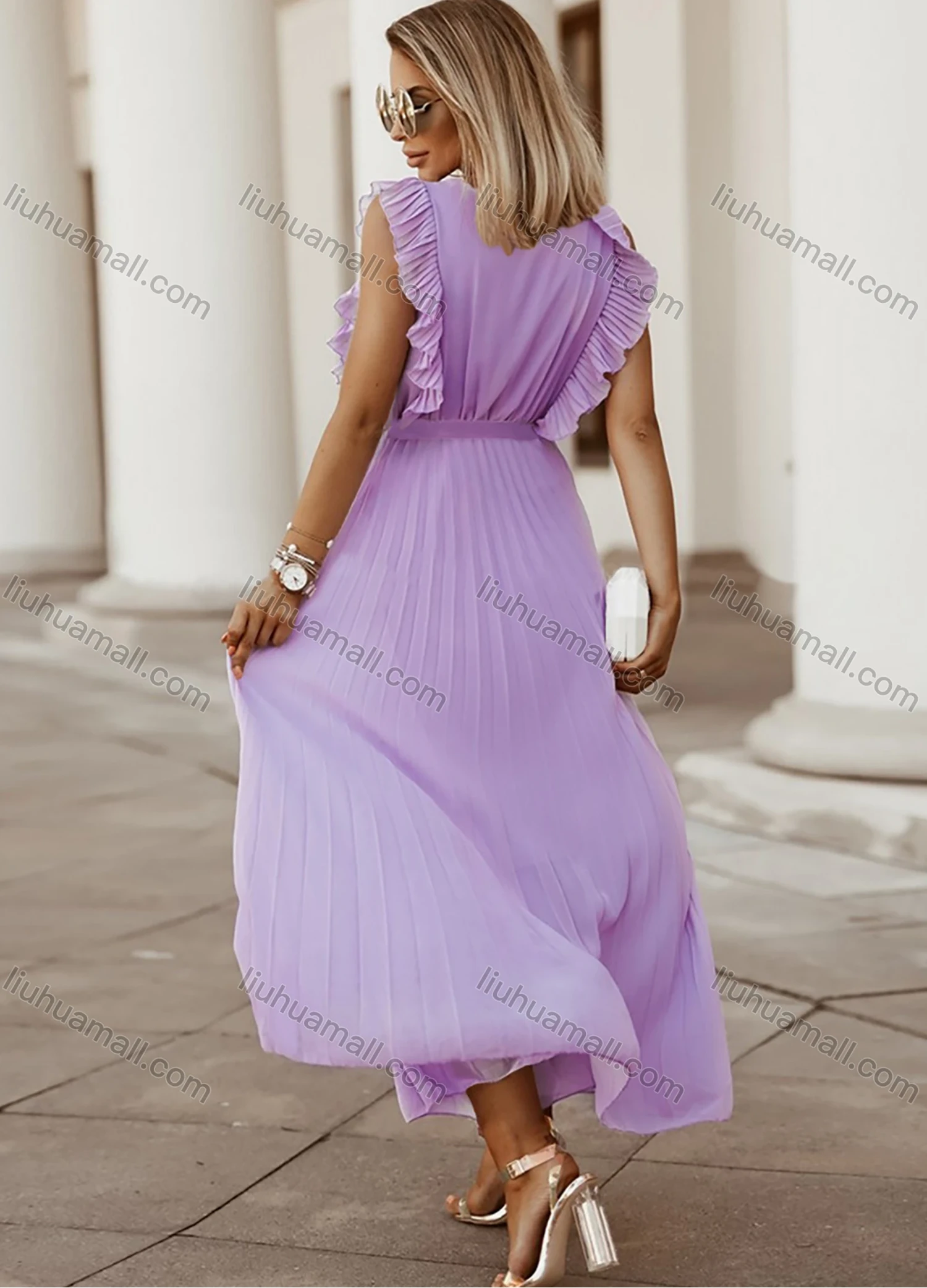 Wholesale Woman's Elegant Plain Wrap V Neck Ruffle Trim Pleated Ruched Maxi Dress With Belt - Liuhuamall