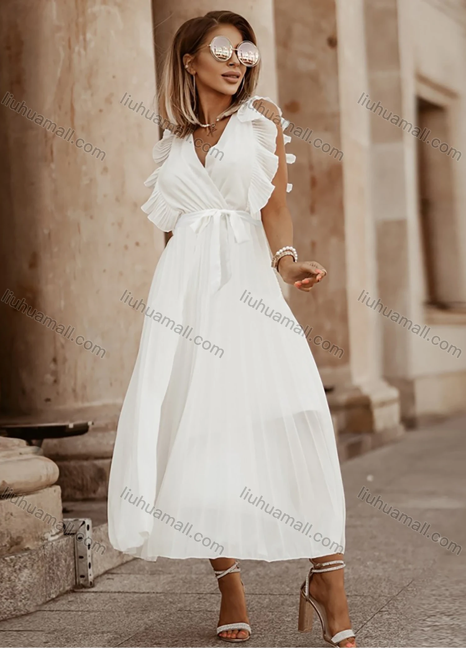 Wholesale Woman's Elegant Plain Wrap V Neck Ruffle Trim Pleated Ruched Maxi Dress With Belt - Liuhuamall