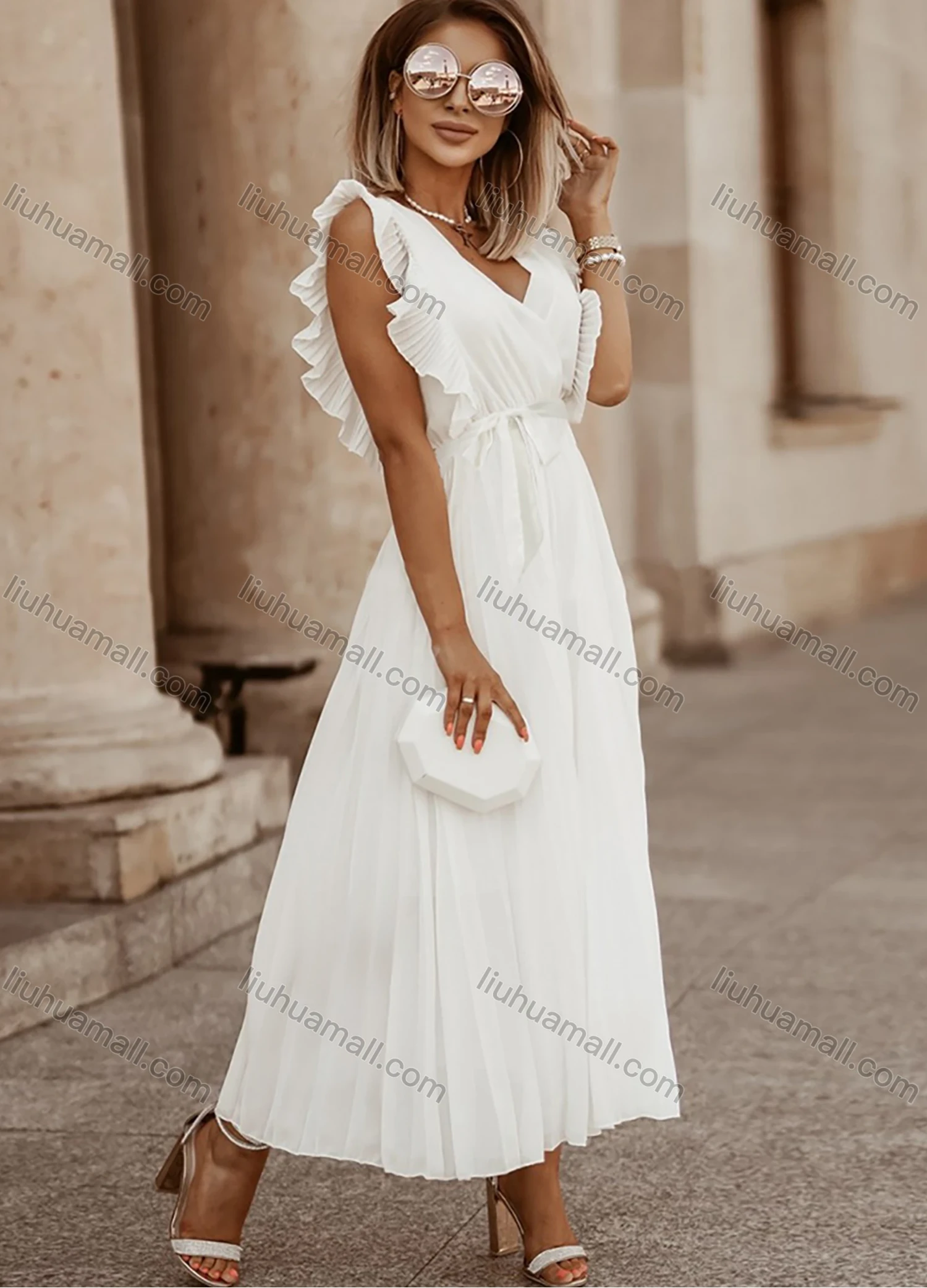 Wholesale Woman's Elegant Plain Wrap V Neck Ruffle Trim Pleated Ruched Maxi Dress With Belt - Liuhuamall