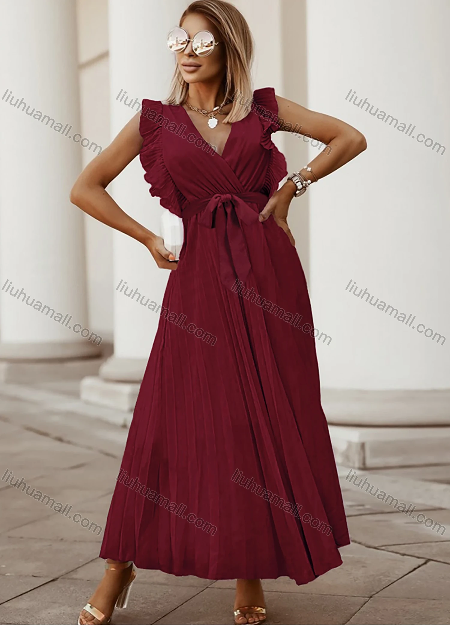 Wholesale Woman's Elegant Plain Wrap V Neck Ruffle Trim Pleated Ruched Maxi Dress With Belt - Liuhuamall