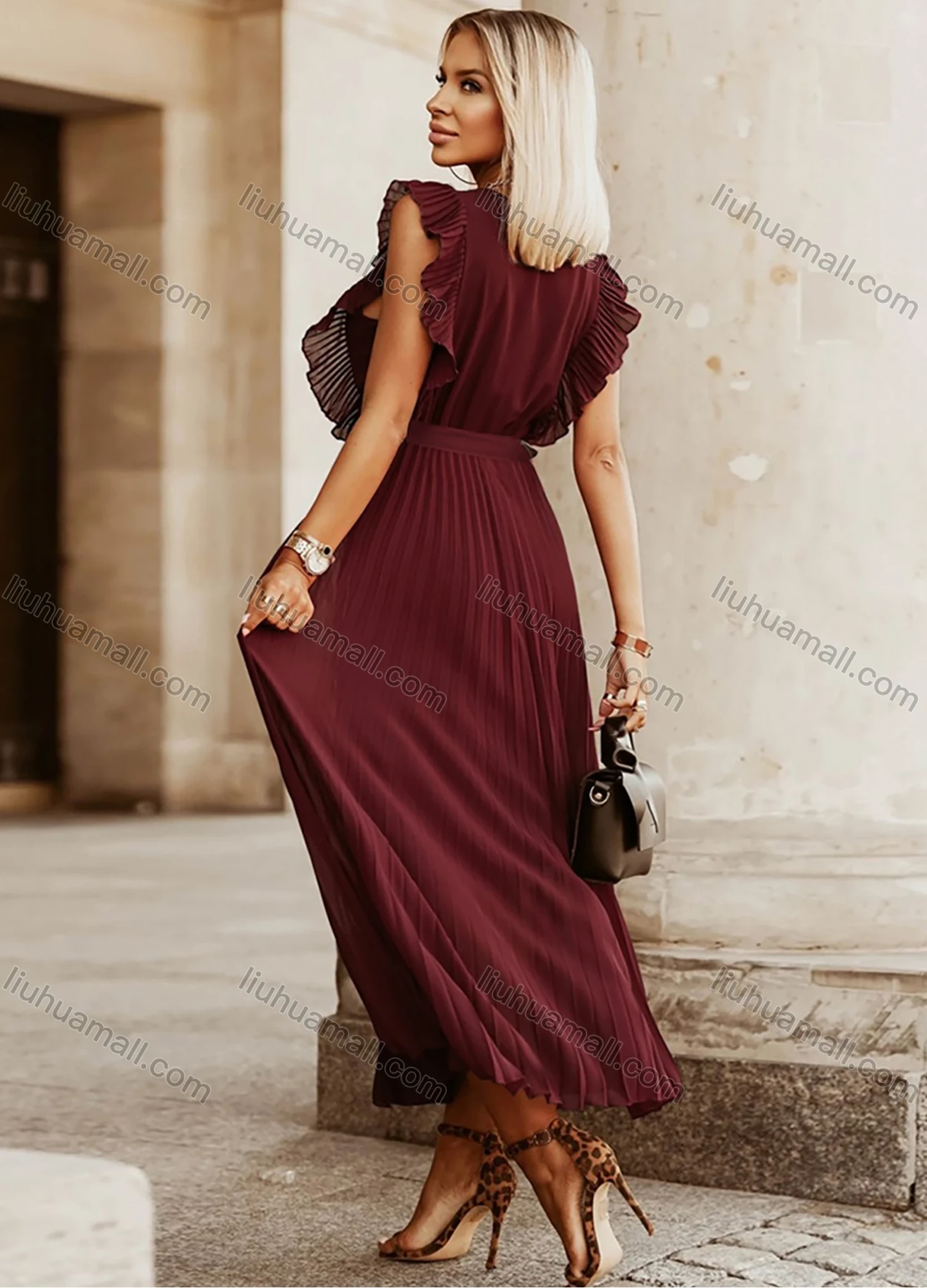 Wholesale Woman's Elegant Plain Wrap V Neck Ruffle Trim Pleated Ruched Maxi Dress With Belt - Liuhuamall