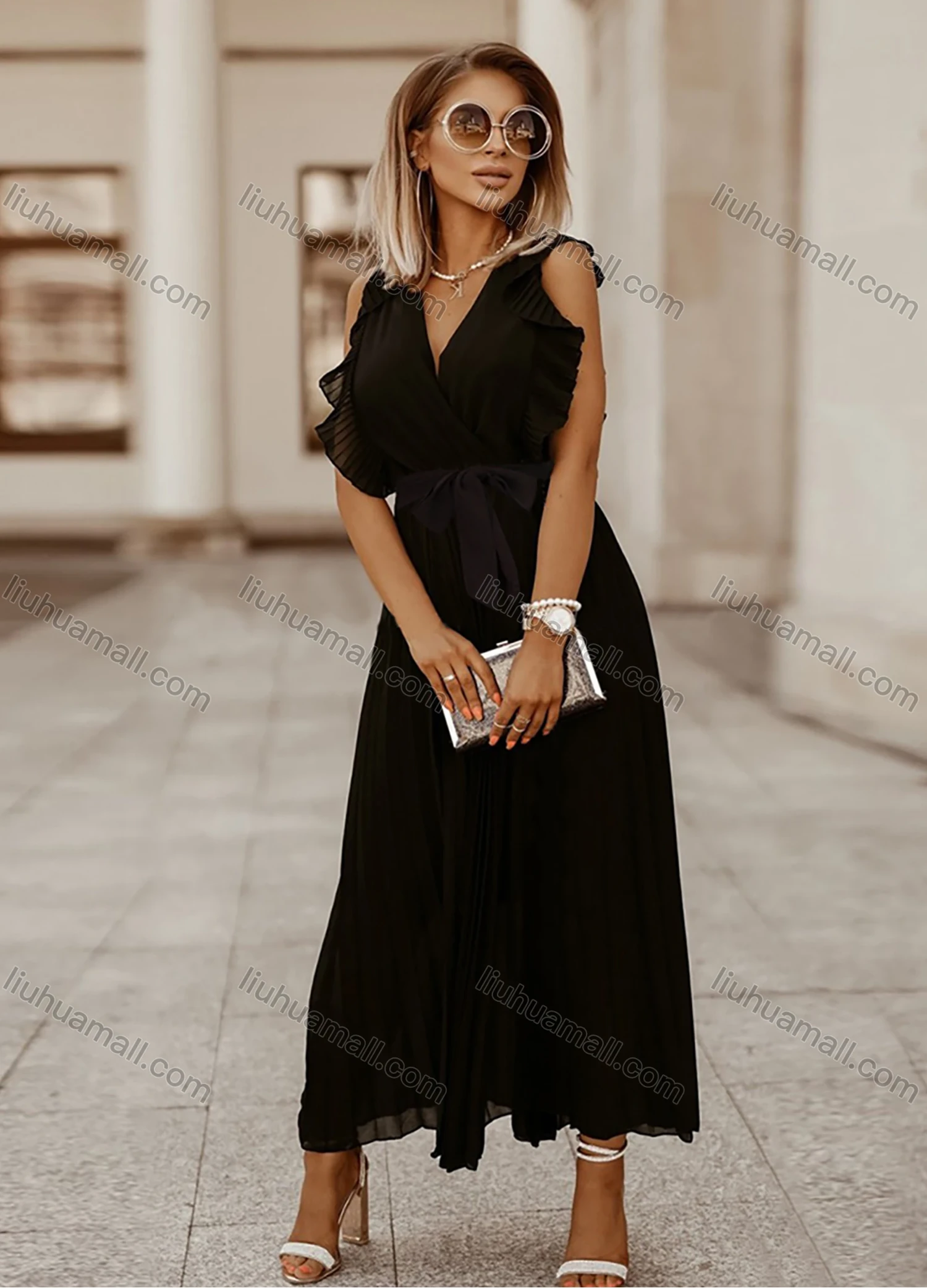 Wholesale Woman's Elegant Plain Wrap V Neck Ruffle Trim Pleated Ruched Maxi Dress With Belt - Liuhuamall