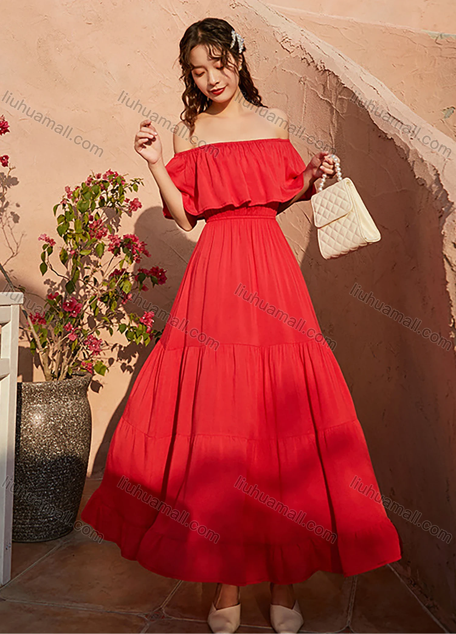 Wholesale Woman's Elegant Plain Off Shoulder Ruched Ruffle Hem Peplum Maxi Dress - Liuhuamall