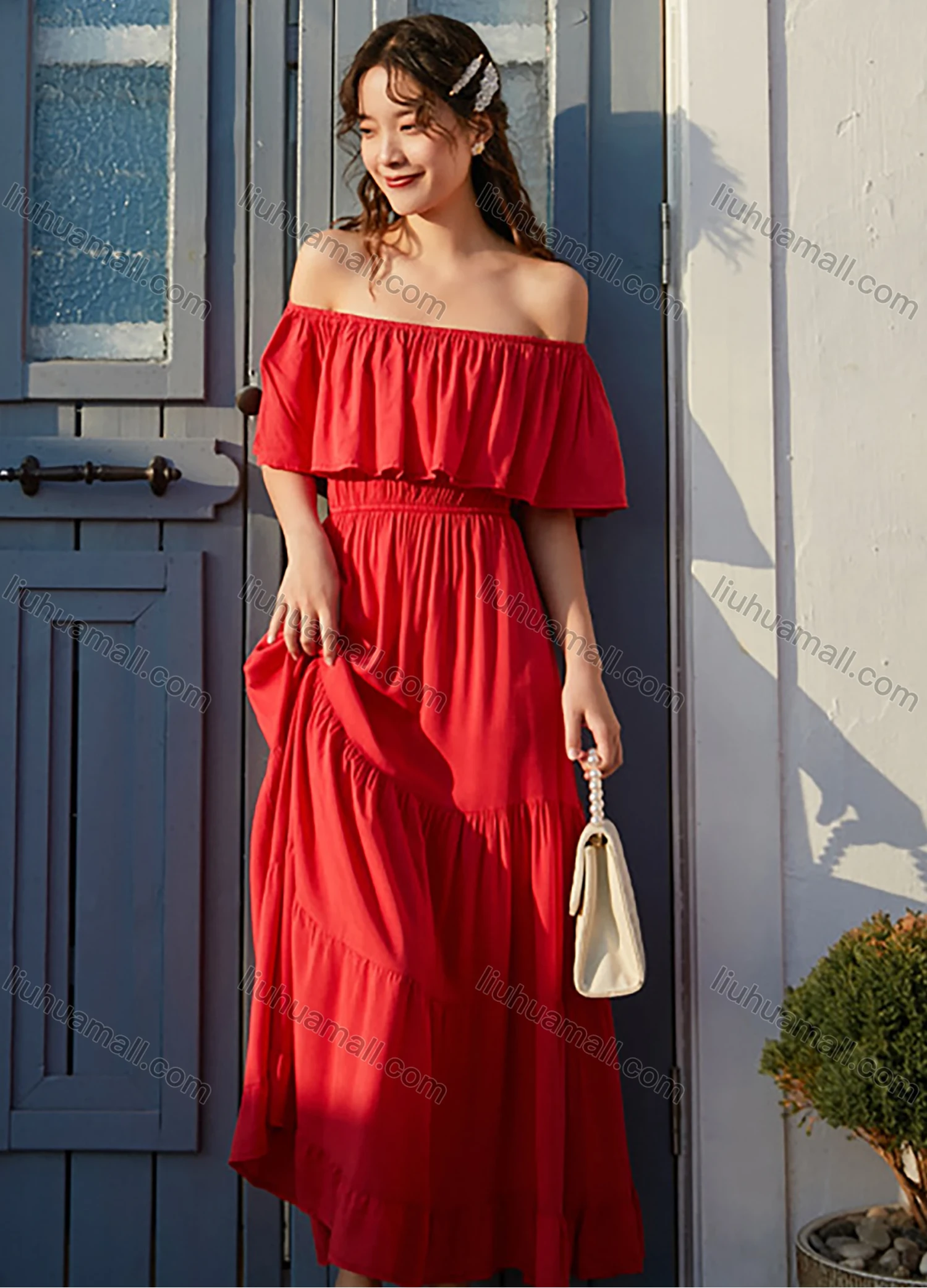 Wholesale Woman's Elegant Plain Off Shoulder Ruched Ruffle Hem Peplum Maxi Dress - Liuhuamall