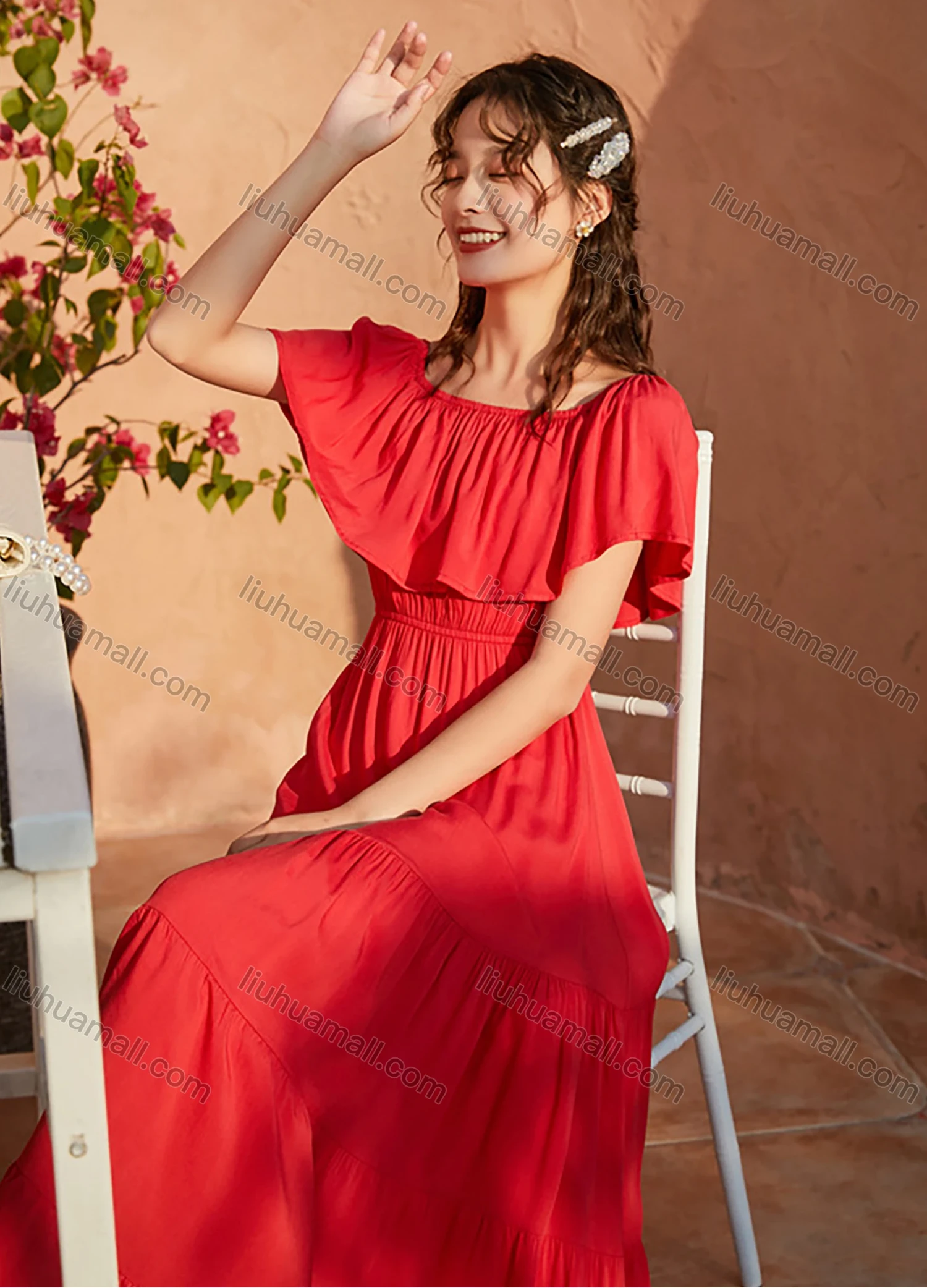 Wholesale Woman's Elegant Plain Off Shoulder Ruched Ruffle Hem Peplum Maxi Dress - Liuhuamall