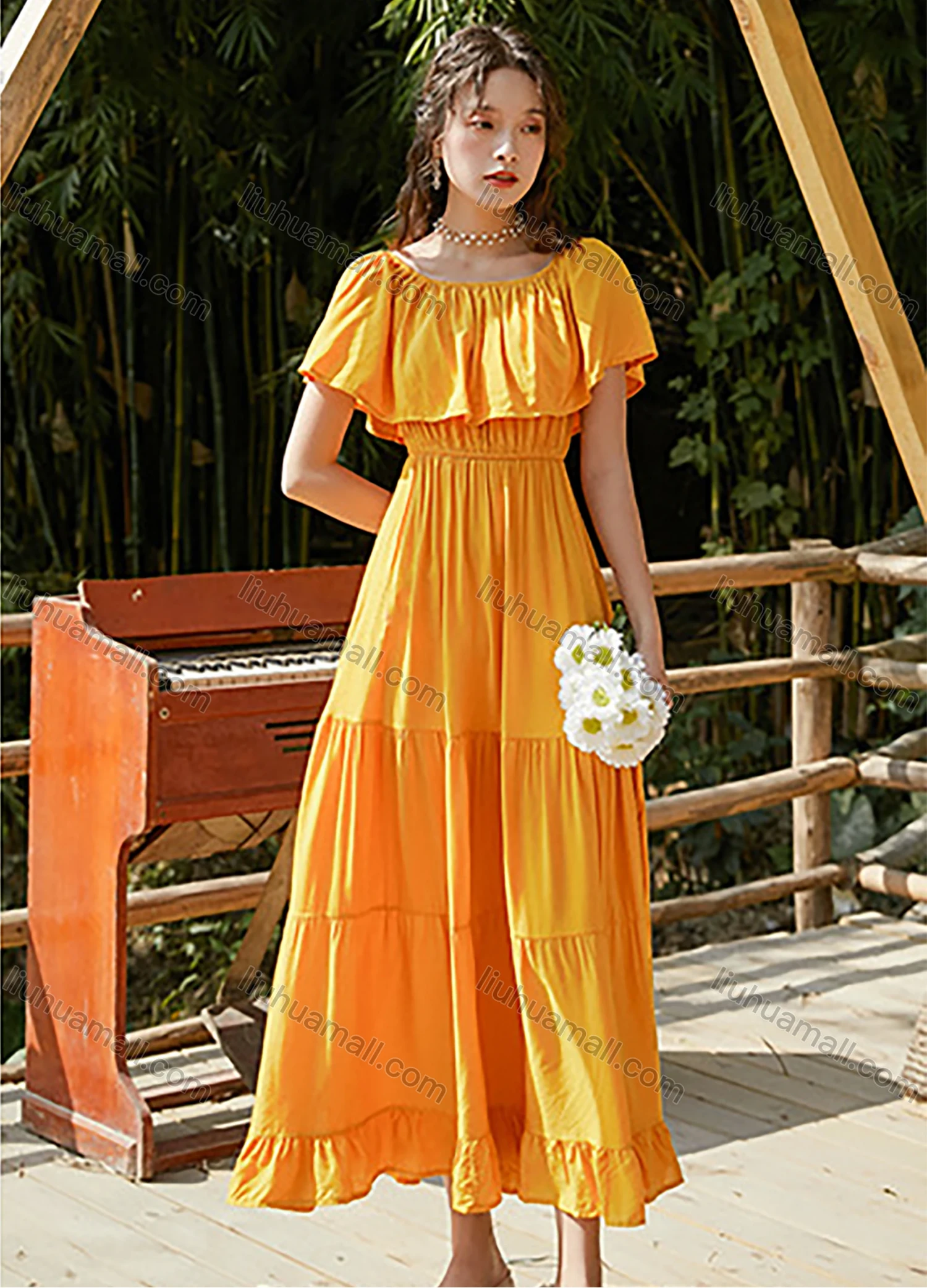 Wholesale Woman's Elegant Plain Off Shoulder Ruched Ruffle Hem Peplum Maxi Dress - Liuhuamall