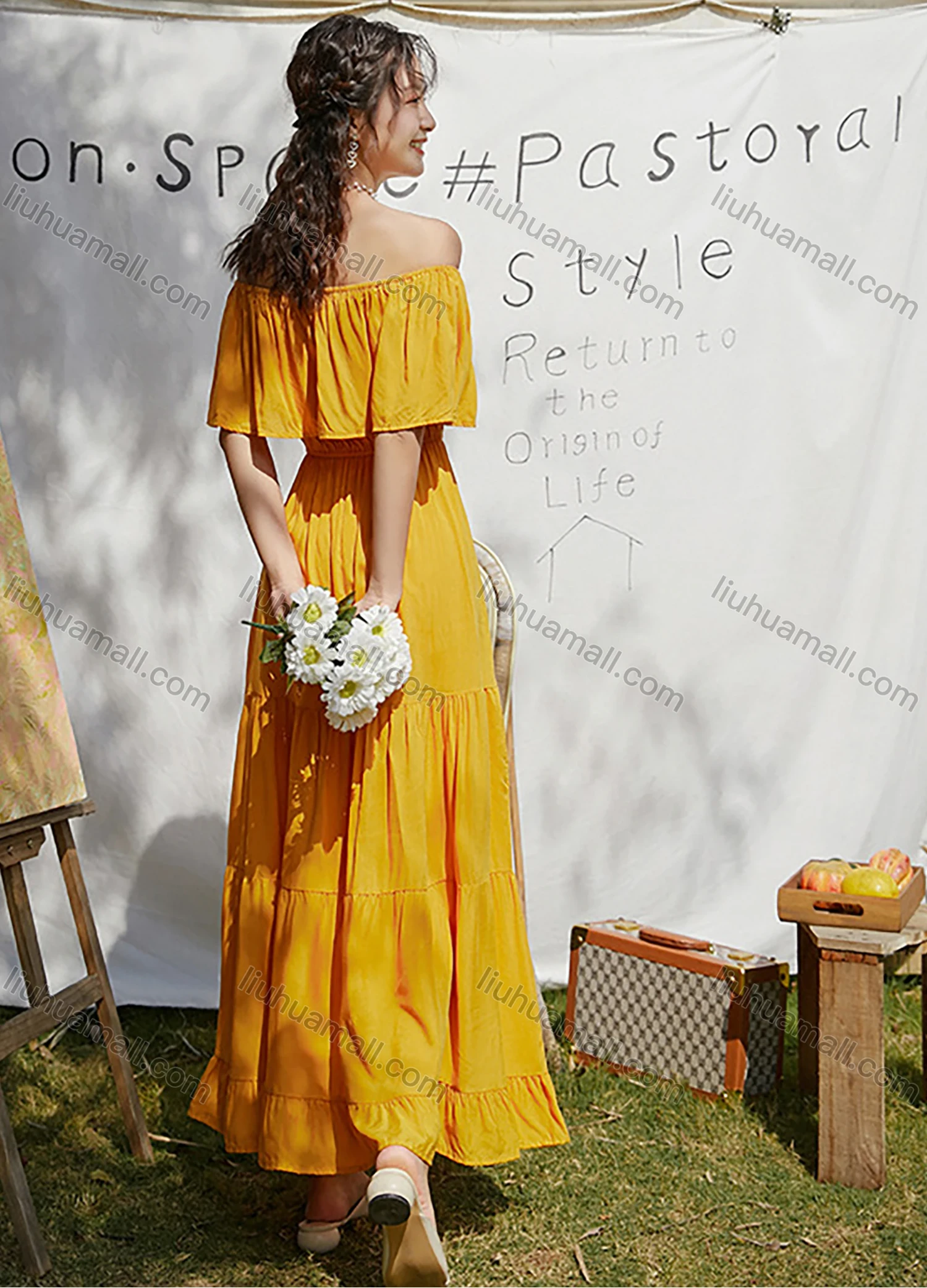 Wholesale Woman's Elegant Plain Off Shoulder Ruched Ruffle Hem Peplum Maxi Dress - Liuhuamall