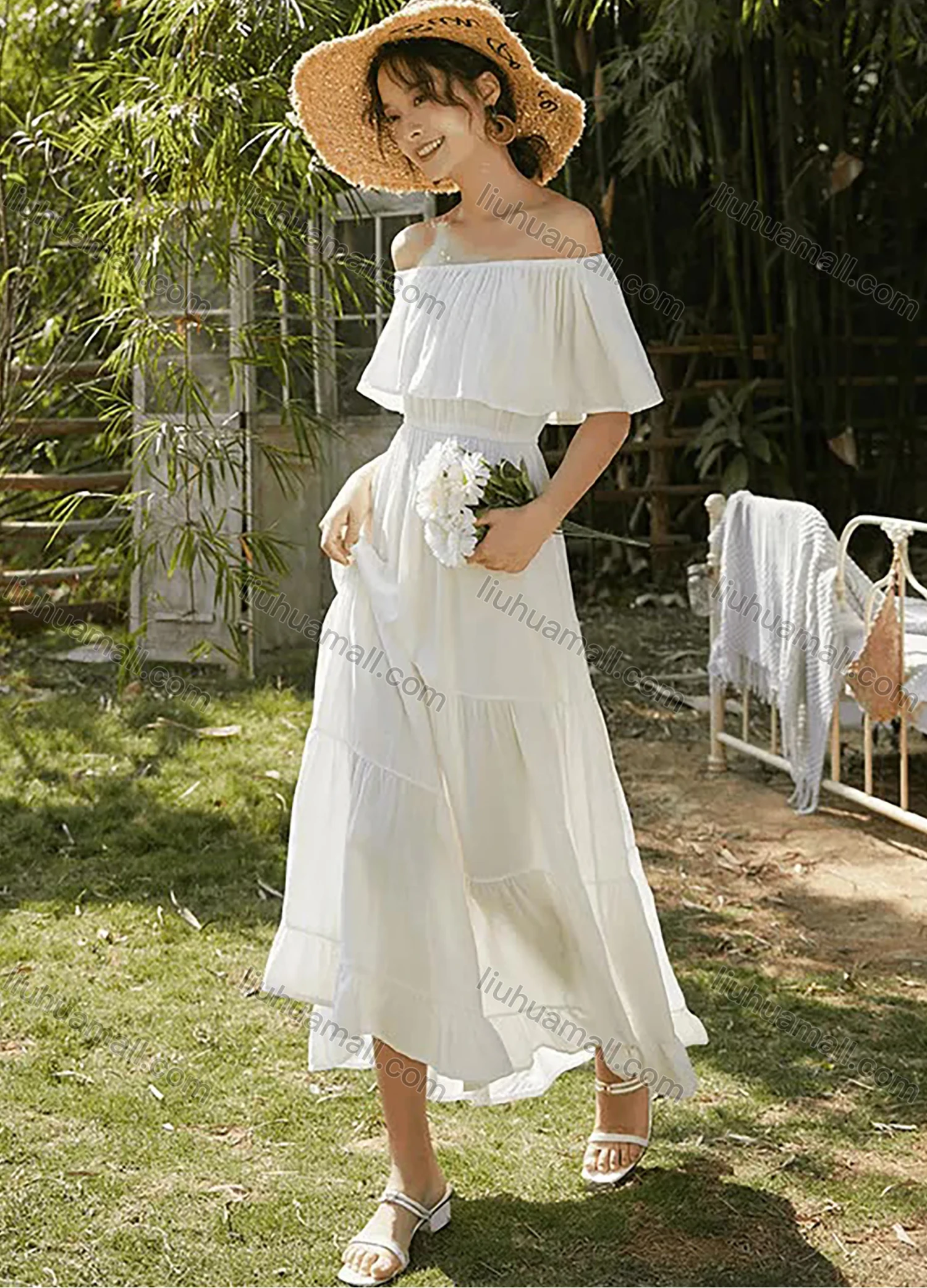 Wholesale Woman's Elegant Plain Off Shoulder Ruched Ruffle Hem Peplum Maxi Dress - Liuhuamall