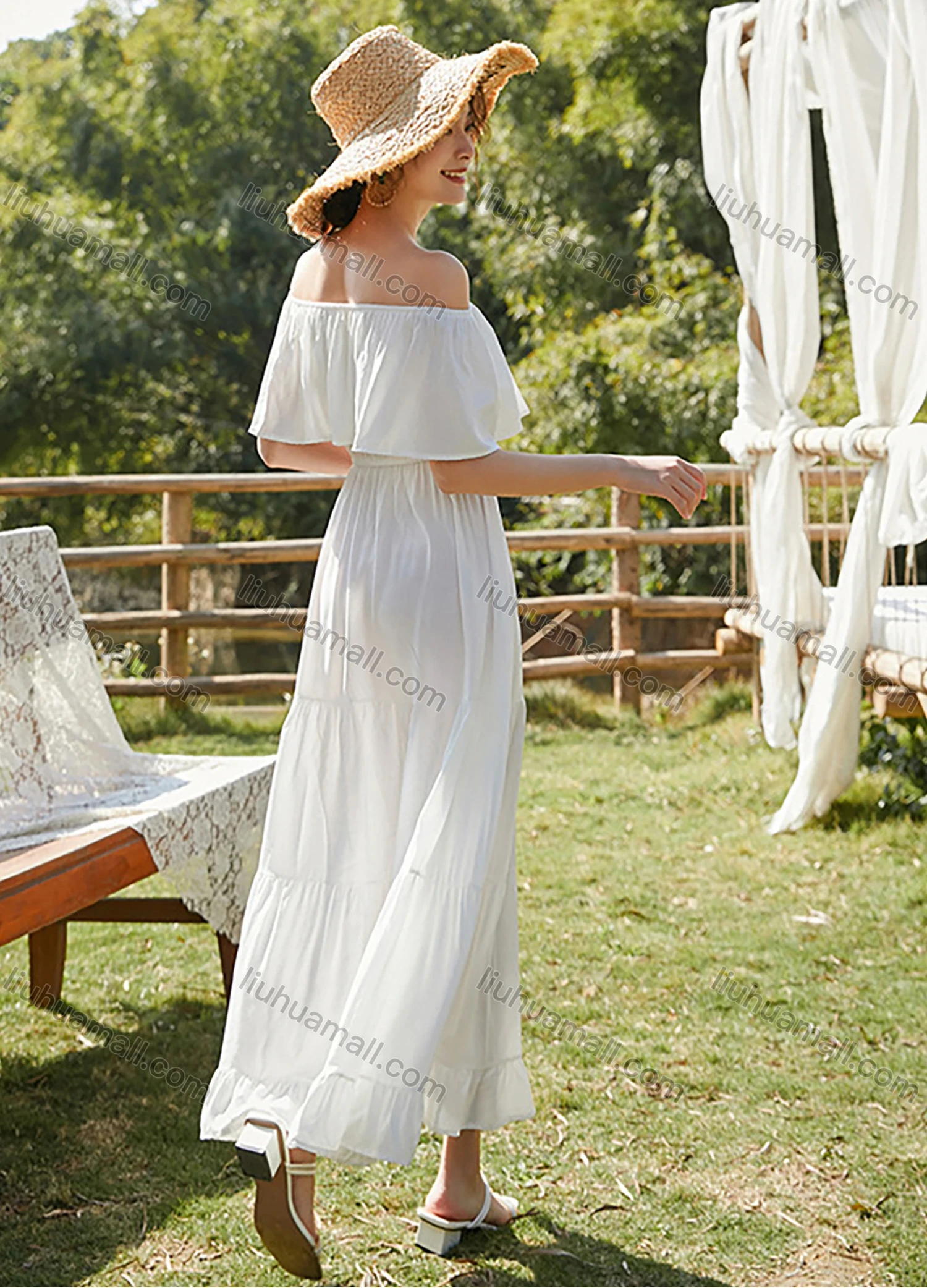 Wholesale Woman's Elegant Plain Off Shoulder Ruched Ruffle Hem Peplum Maxi Dress - Liuhuamall