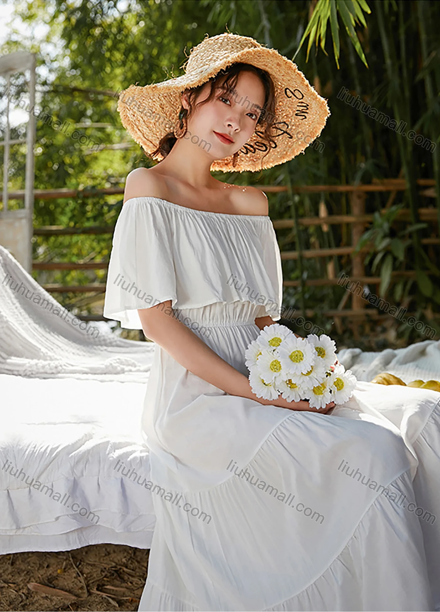 Wholesale Woman's Elegant Plain Off Shoulder Ruched Ruffle Hem Peplum Maxi Dress - Liuhuamall