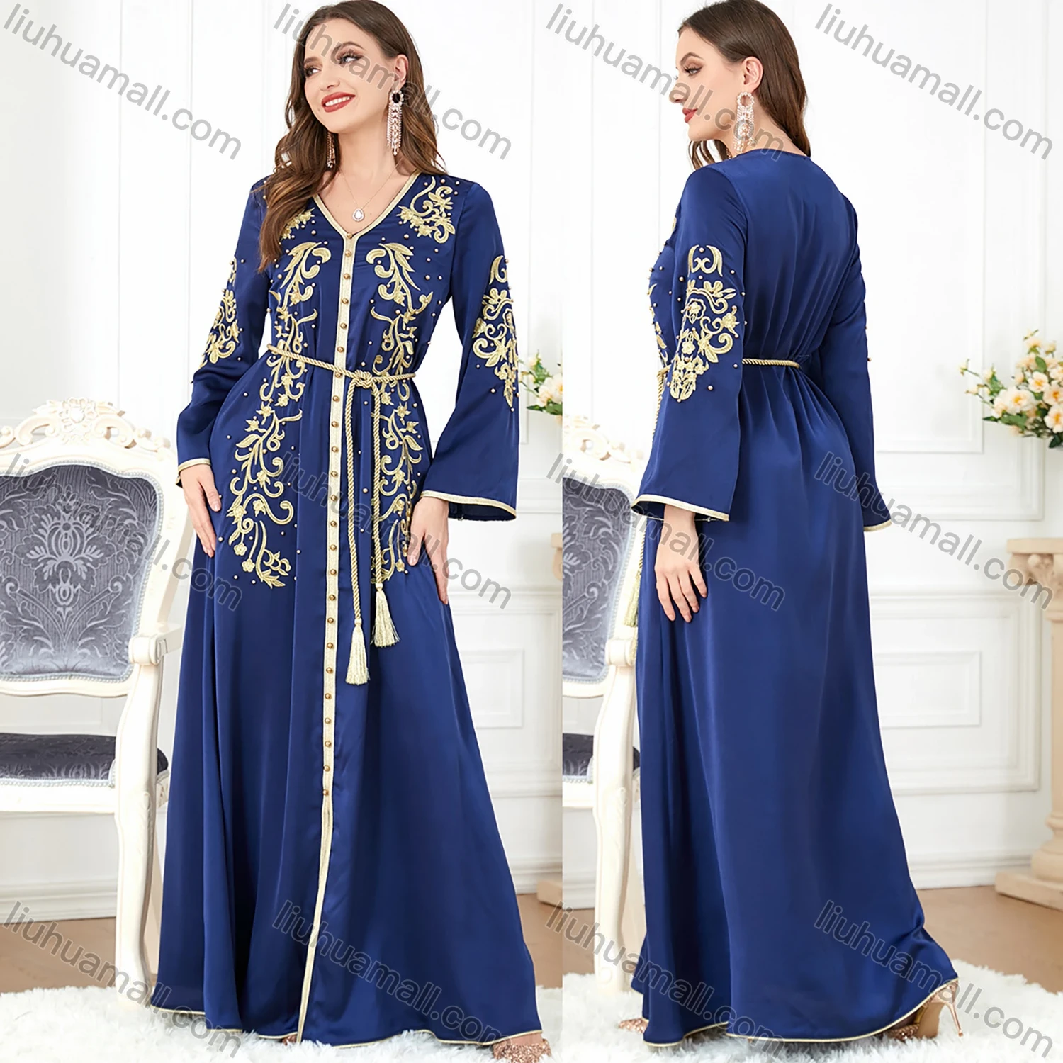 Wholesale Women's Elegant V Neck Folk Art Split Front Beaded Decor Long Sleeve Gold Thread Embroidery Abaya Dress With Belt - Liuhuamall