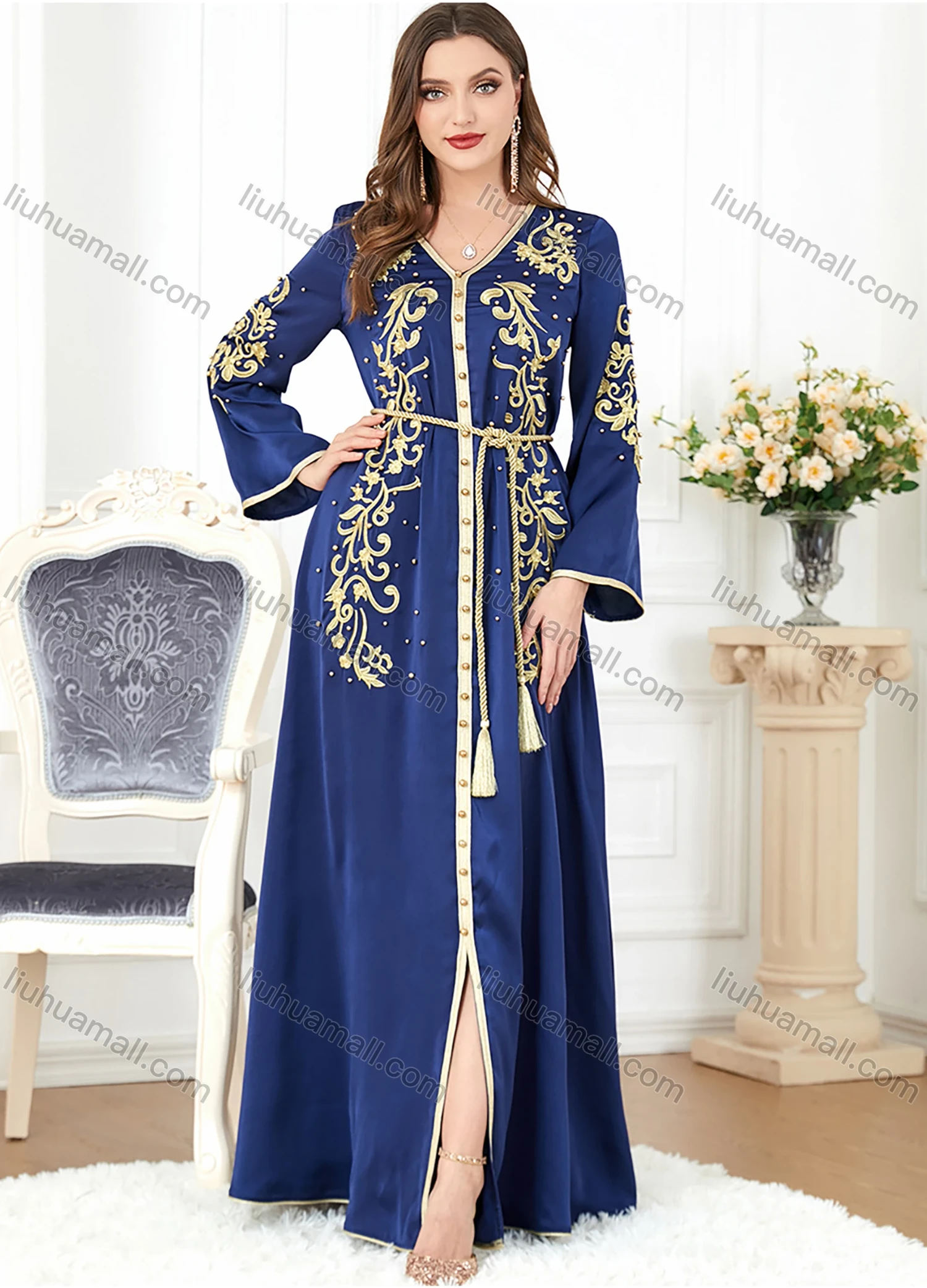 Wholesale Women's Elegant V Neck Folk Art Split Front Beaded Decor Long Sleeve Gold Thread Embroidery Abaya Dress With Belt - Liuhuamall
