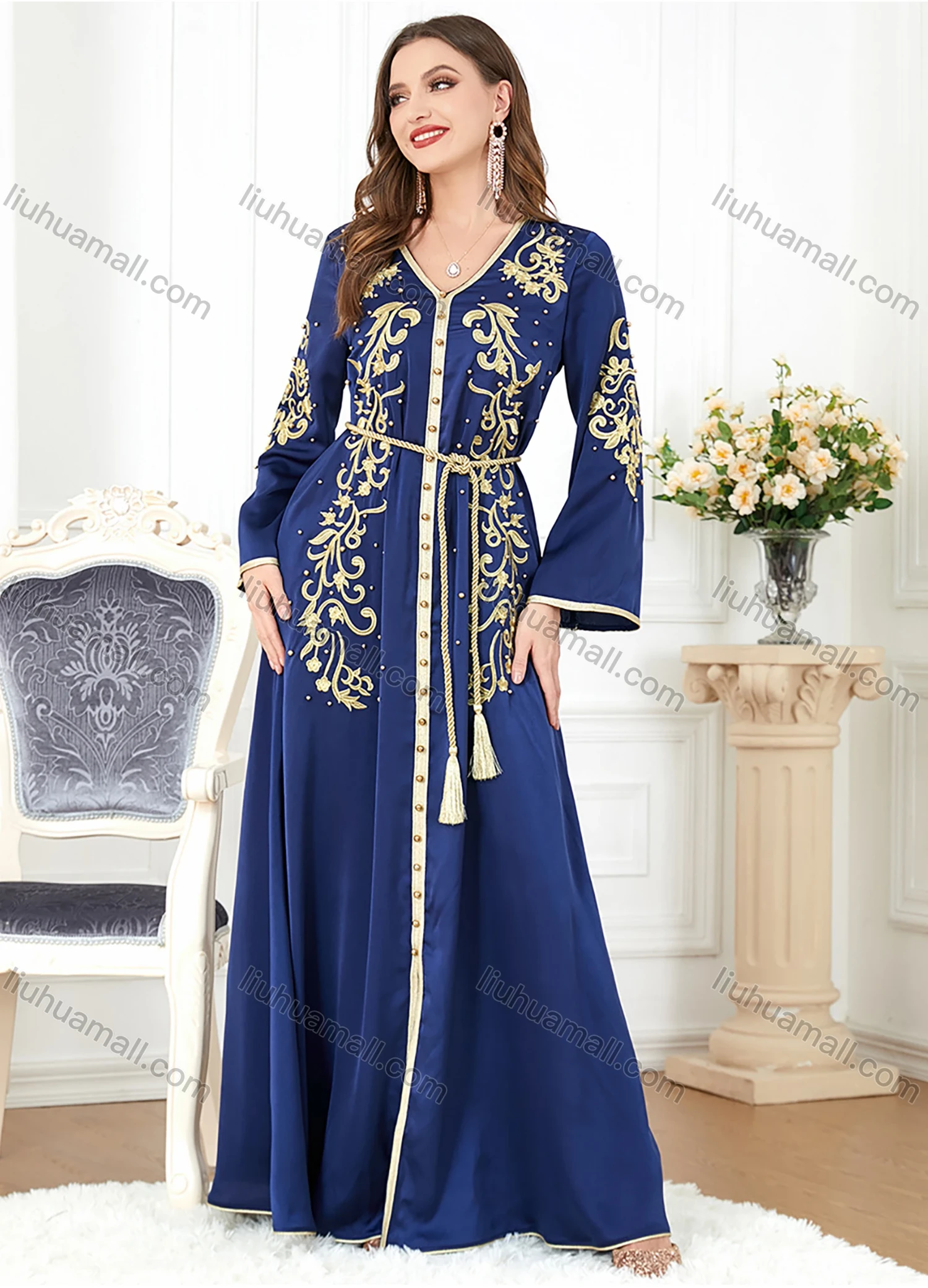 Wholesale Women's Elegant V Neck Folk Art Split Front Beaded Decor Long Sleeve Gold Thread Embroidery Abaya Dress With Belt - Liuhuamall