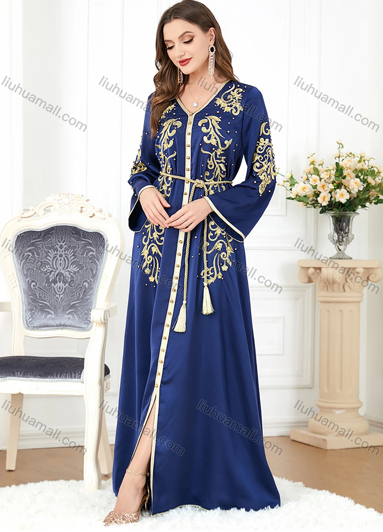 Wholesale Women's Elegant V Neck Folk Art Split Front Beaded Decor Long Sleeve Gold Thread Embroidery Abaya Dress With Belt - Liuhuamall