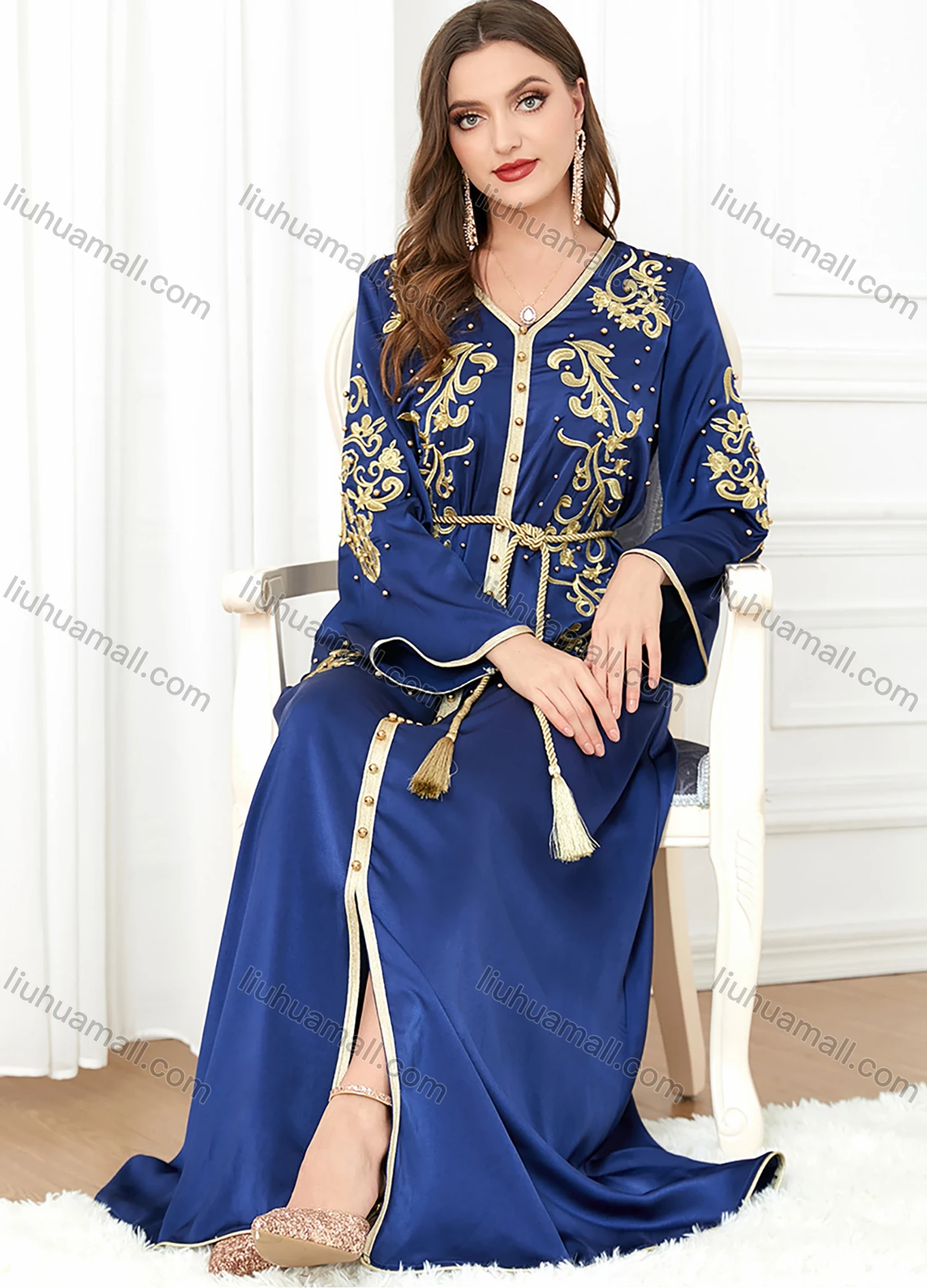 Wholesale Women's Elegant V Neck Folk Art Split Front Beaded Decor Long Sleeve Gold Thread Embroidery Abaya Dress With Belt - Liuhuamall