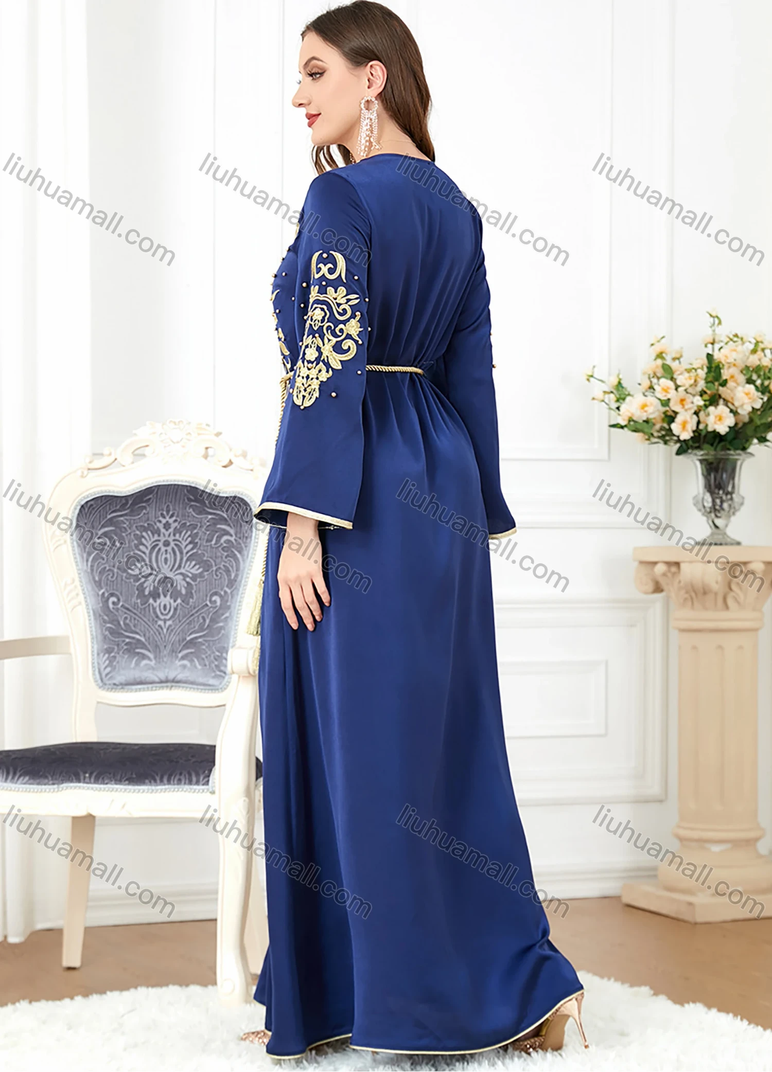 Wholesale Women's Elegant V Neck Folk Art Split Front Beaded Decor Long Sleeve Gold Thread Embroidery Abaya Dress With Belt - Liuhuamall