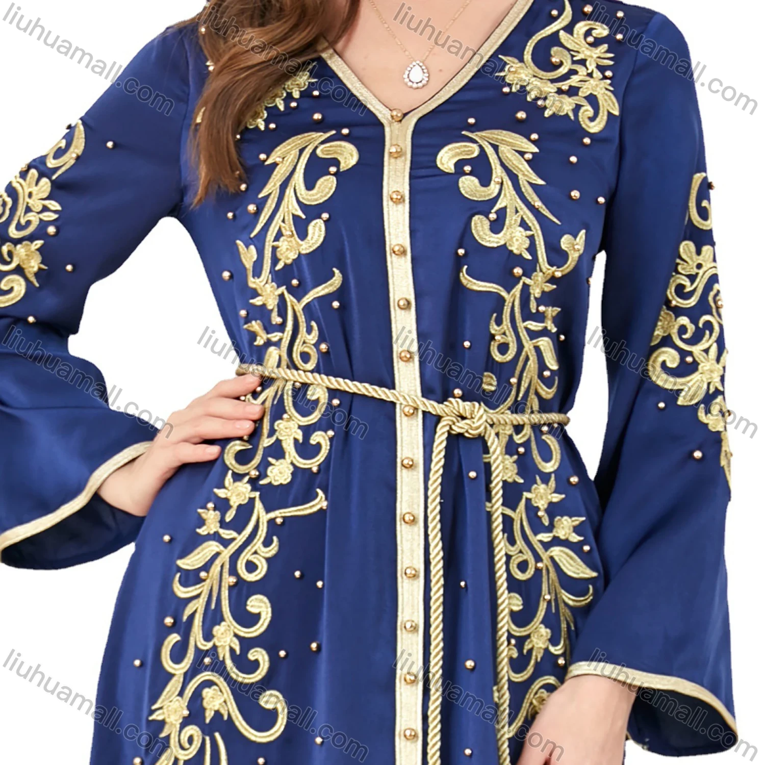Wholesale Women's Elegant V Neck Folk Art Split Front Beaded Decor Long Sleeve Gold Thread Embroidery Abaya Dress With Belt - Liuhuamall