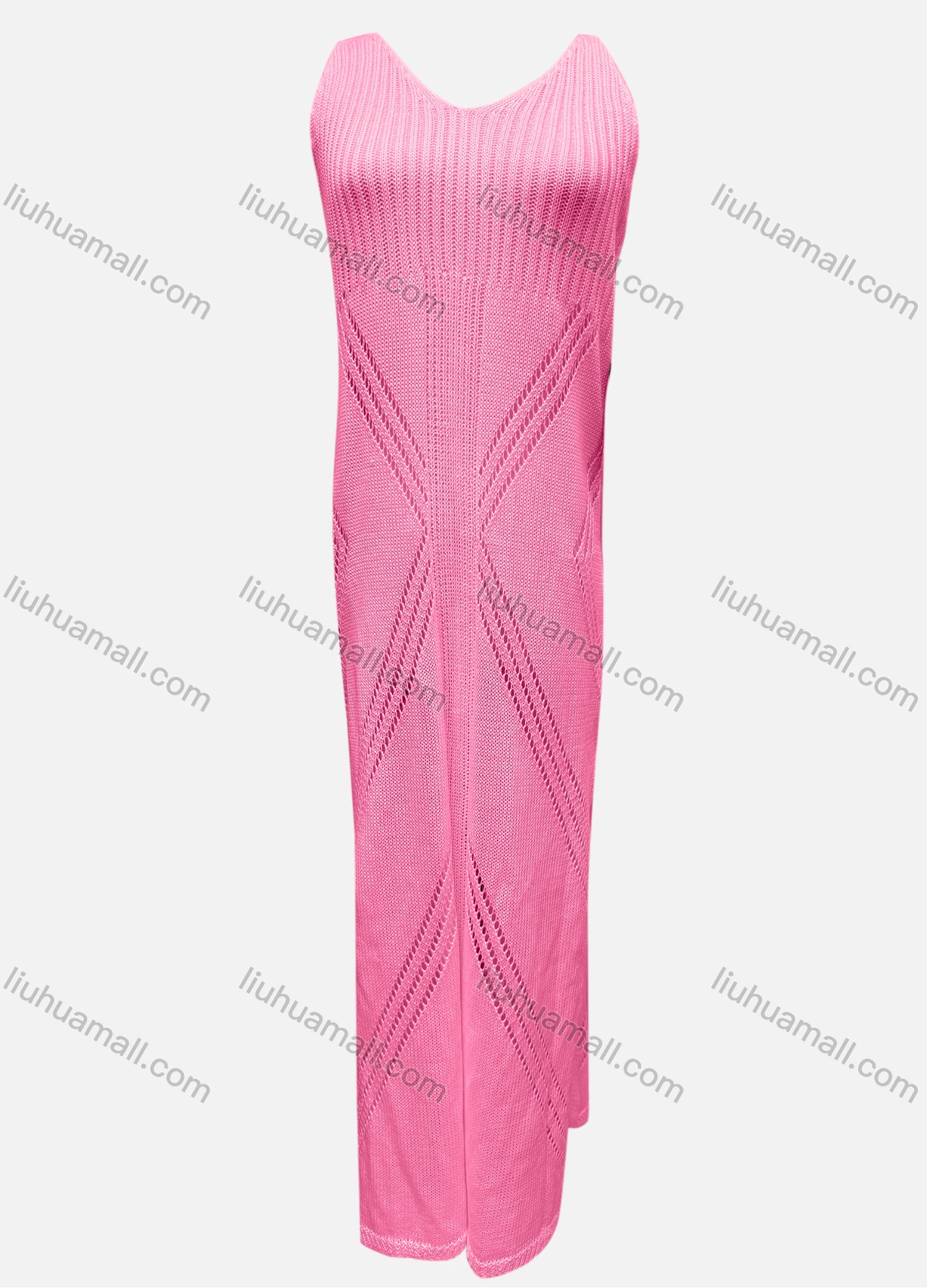 Wholesale Women's Vacation V Neck Sleeveless Plain Hollow Out Knit Cover Up Maxi Tank Dress 2446# - Liuhuamall