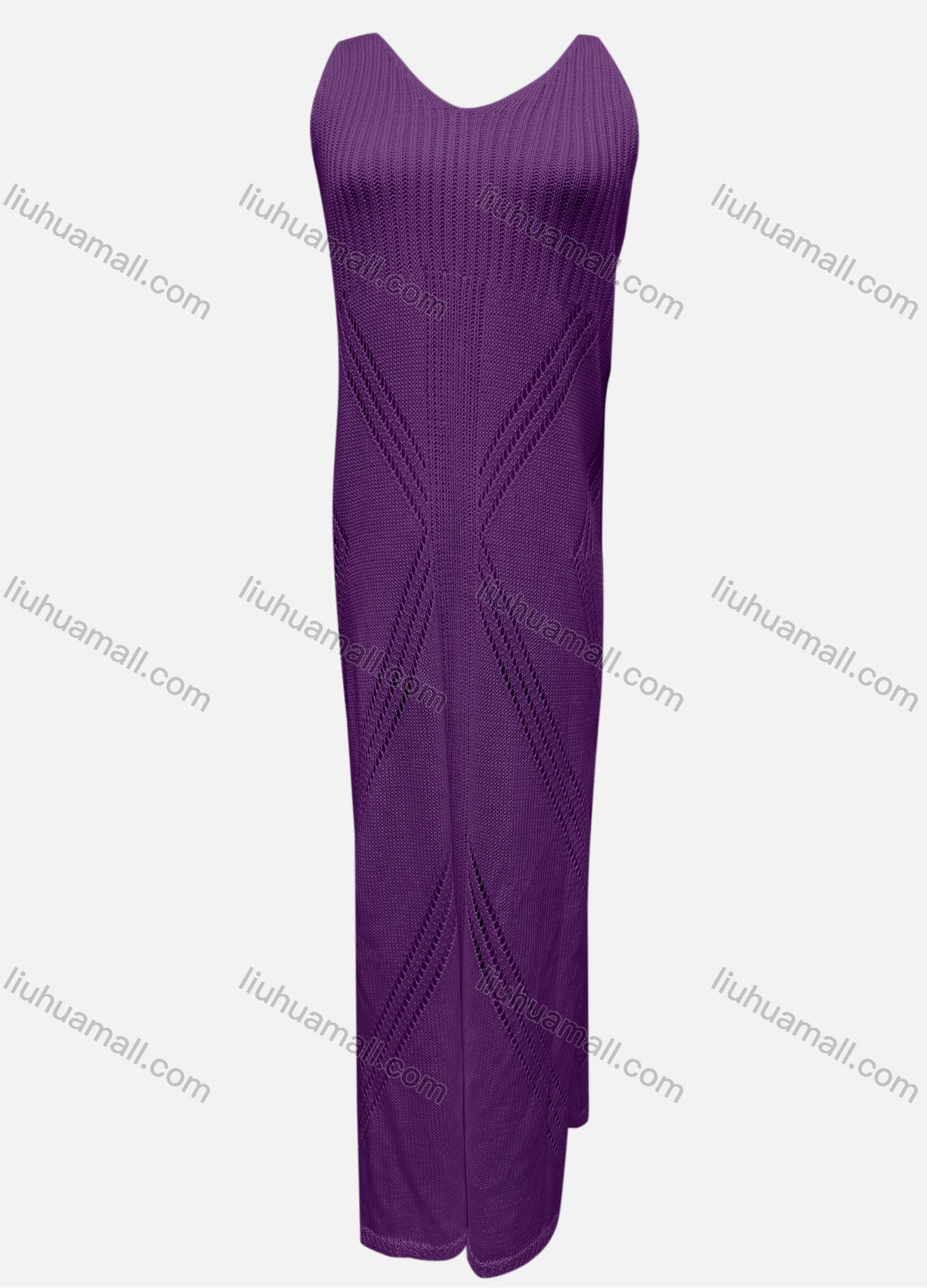 Wholesale Women's Vacation V Neck Sleeveless Plain Hollow Out Knit Cover Up Maxi Tank Dress 2446# - Liuhuamall