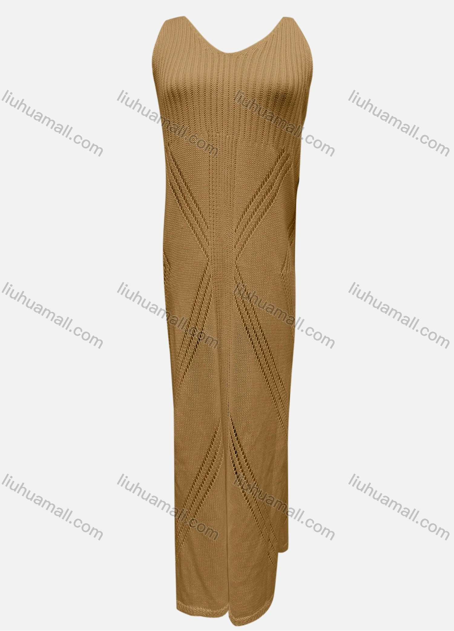 Wholesale Women's Vacation V Neck Sleeveless Plain Hollow Out Knit Cover Up Maxi Tank Dress 2446# - Liuhuamall