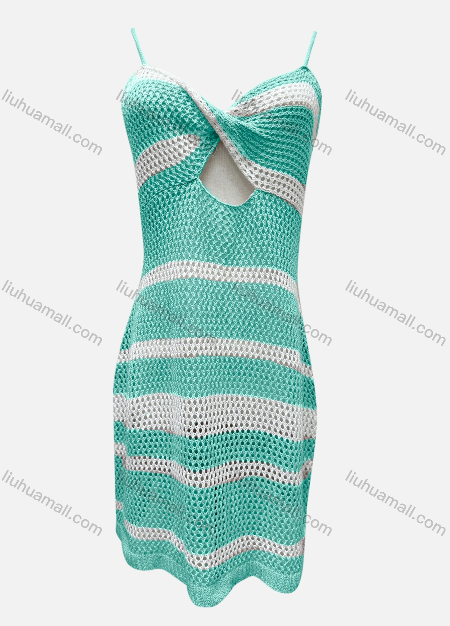 Wholesale Women's Vacation Striped Colorblock Hollow Out Twist Cover Up Cami Dress F125# - Liuhuamall
