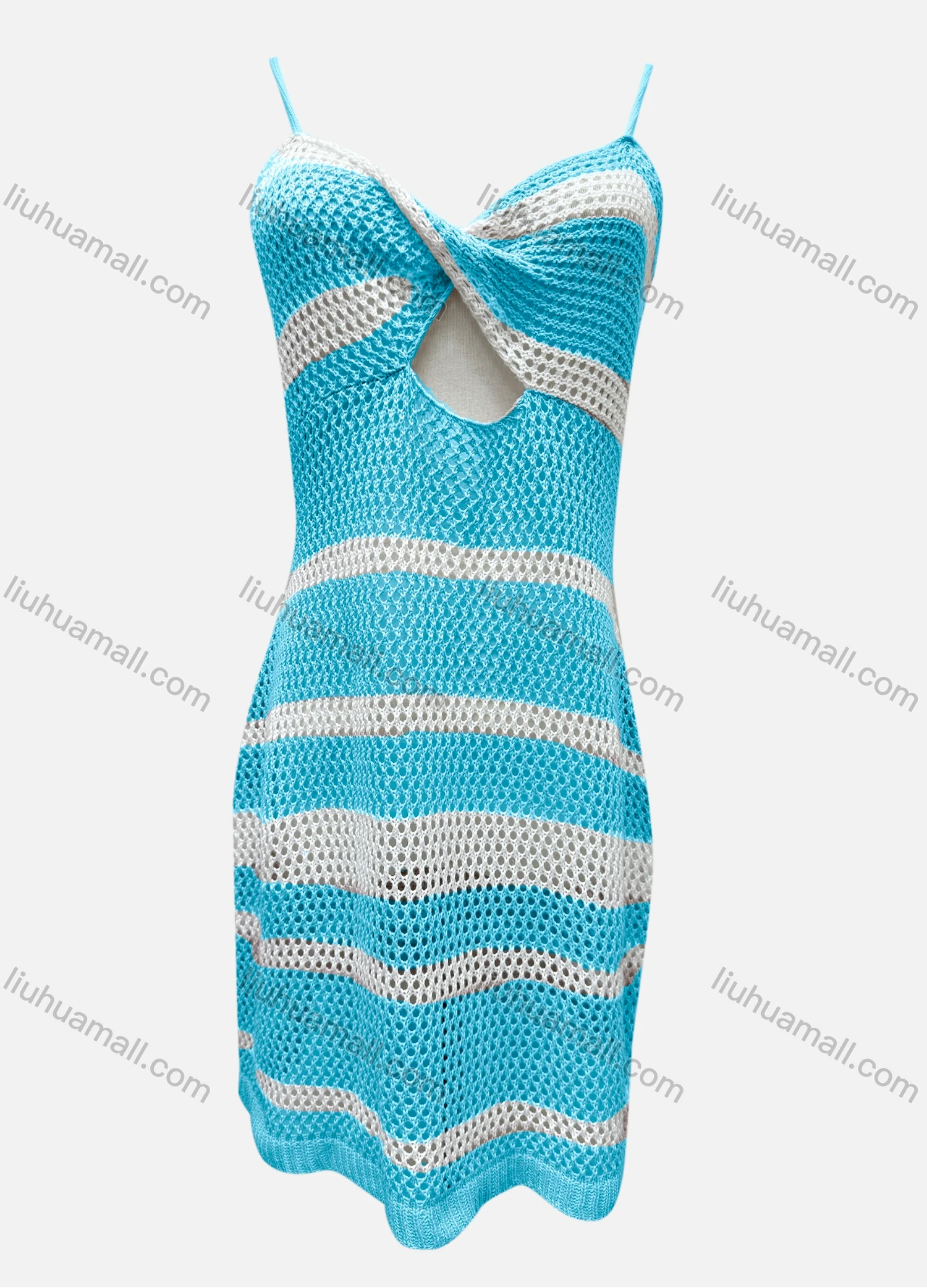 Wholesale Women's Vacation Striped Colorblock Hollow Out Twist Cover Up Cami Dress F125# - Liuhuamall