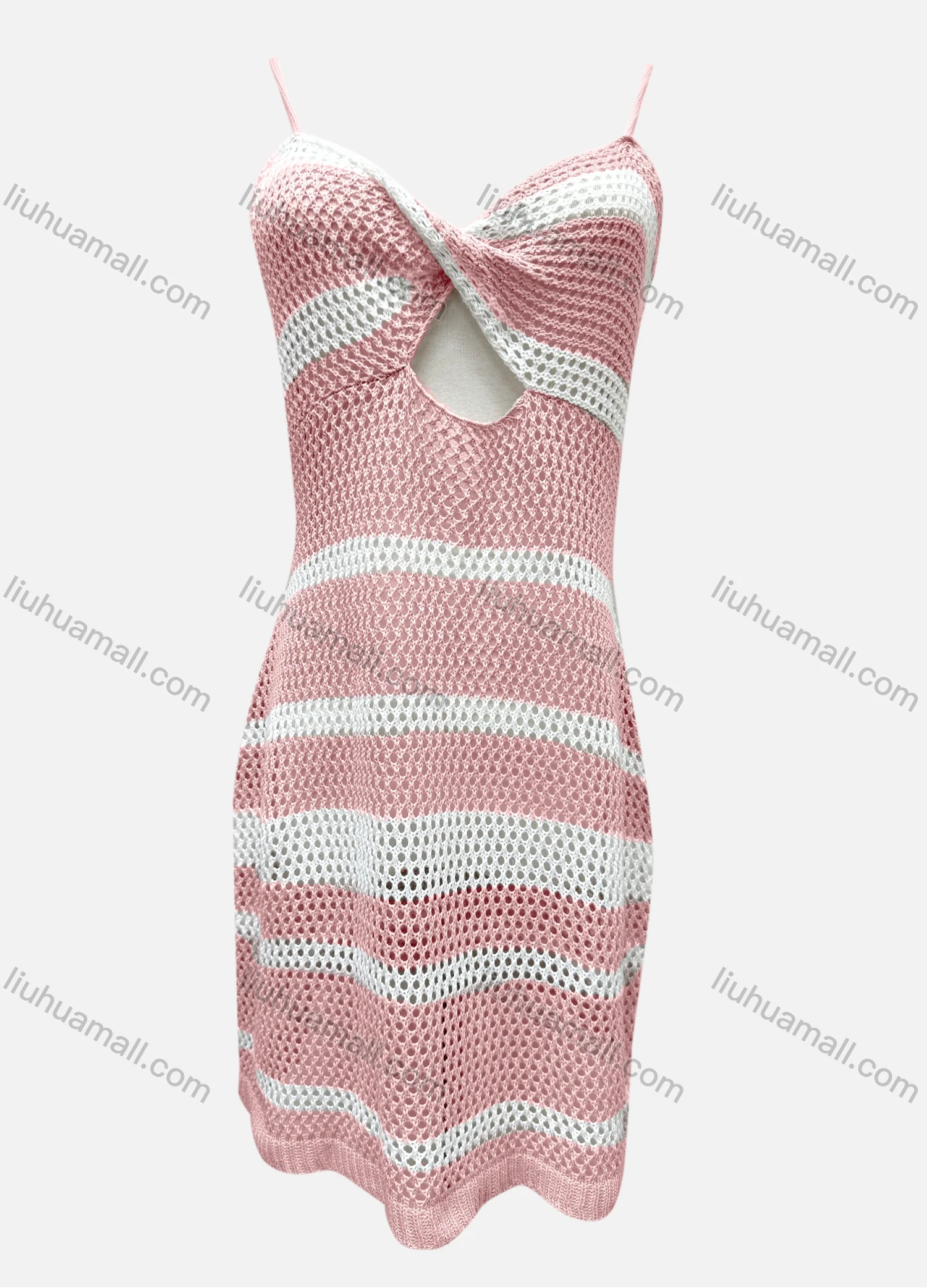 Wholesale Women's Vacation Striped Colorblock Hollow Out Twist Cover Up Cami Dress F125# - Liuhuamall