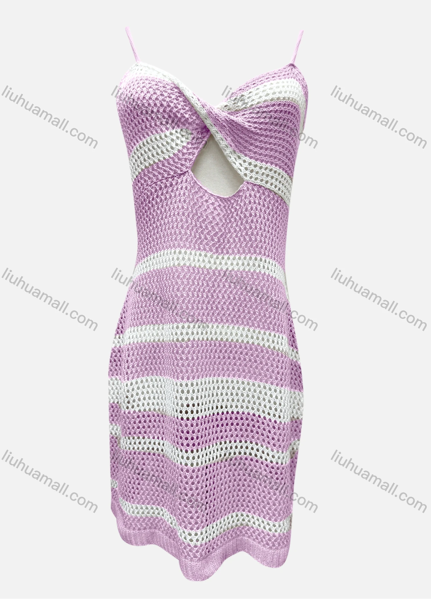 Wholesale Women's Vacation Striped Colorblock Hollow Out Twist Cover Up Cami Dress F125# - Liuhuamall