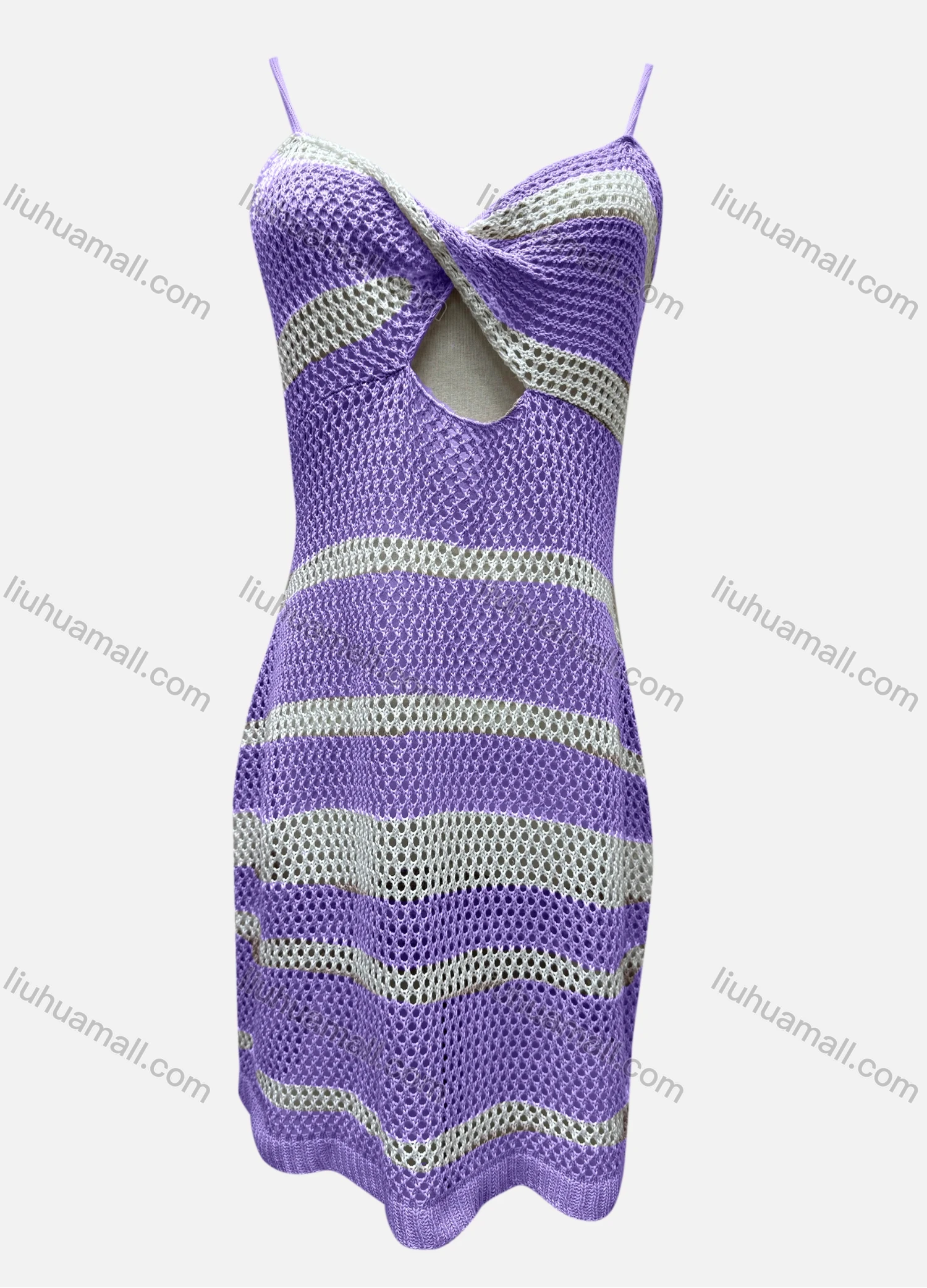 Wholesale Women's Vacation Striped Colorblock Hollow Out Twist Cover Up Cami Dress F125# - Liuhuamall