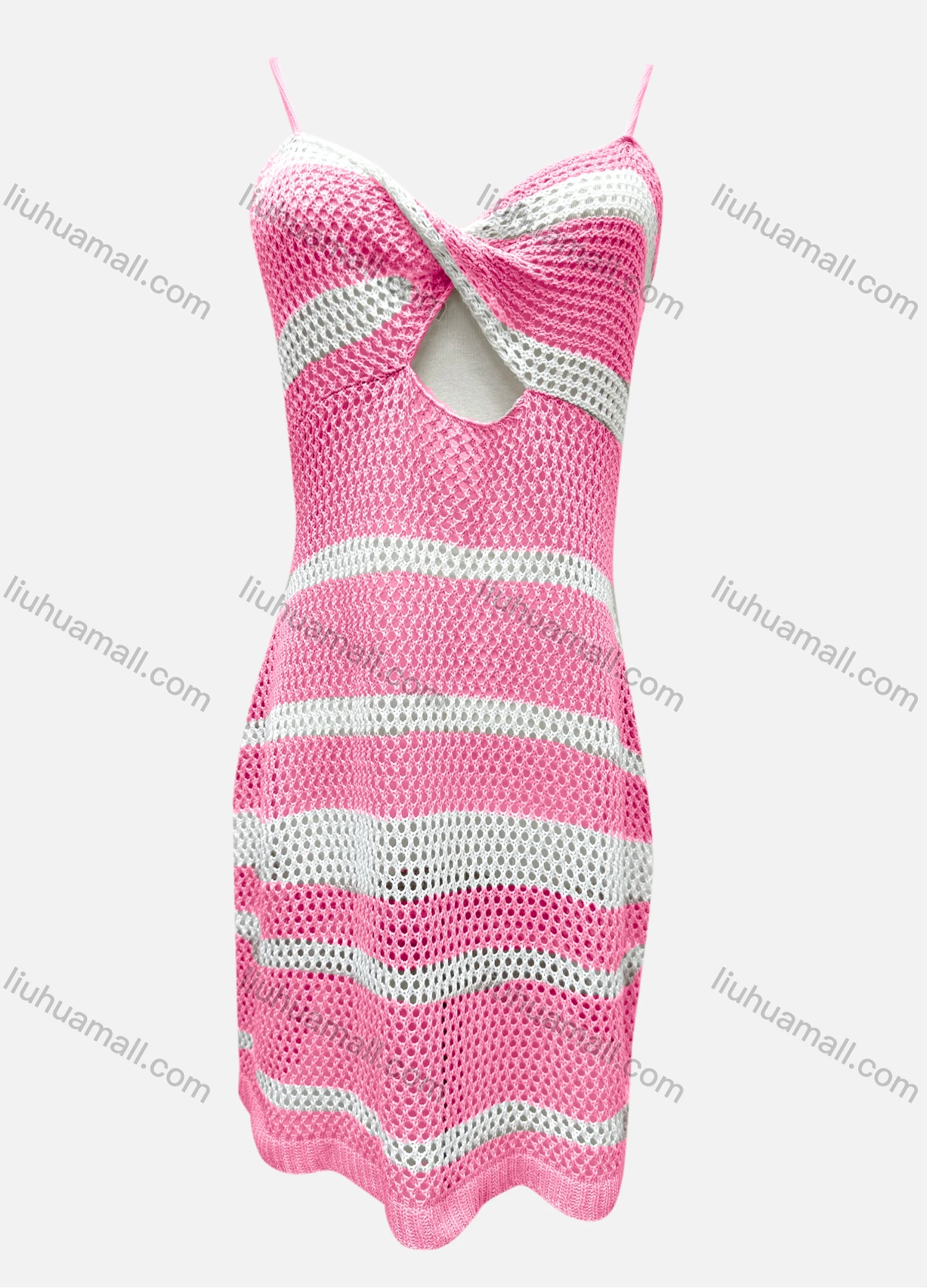 Wholesale Women's Vacation Striped Colorblock Hollow Out Twist Cover Up Cami Dress F125# - Liuhuamall