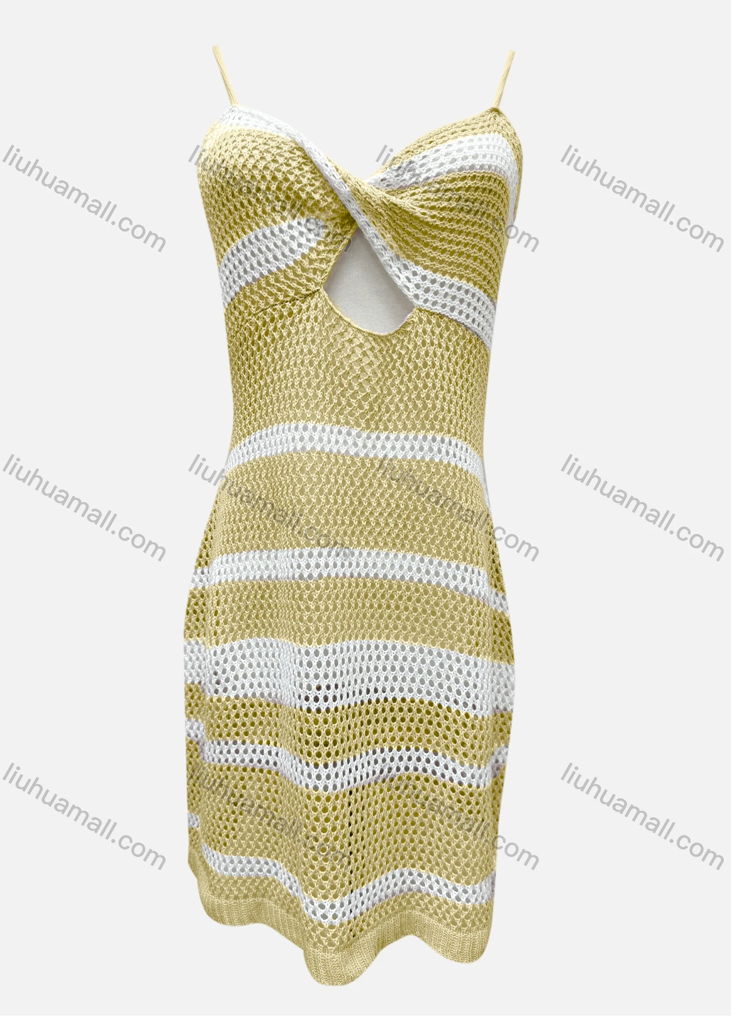 Wholesale Women's Vacation Striped Colorblock Hollow Out Twist Cover Up Cami Dress F125# - Liuhuamall