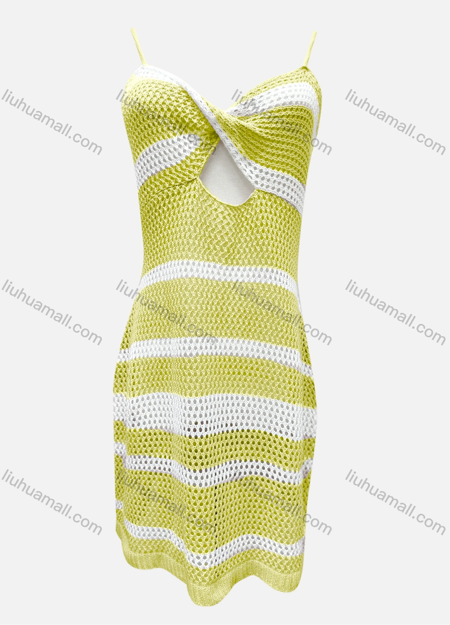 Wholesale Women's Vacation Striped Colorblock Hollow Out Twist Cover Up Cami Dress F125# - Liuhuamall