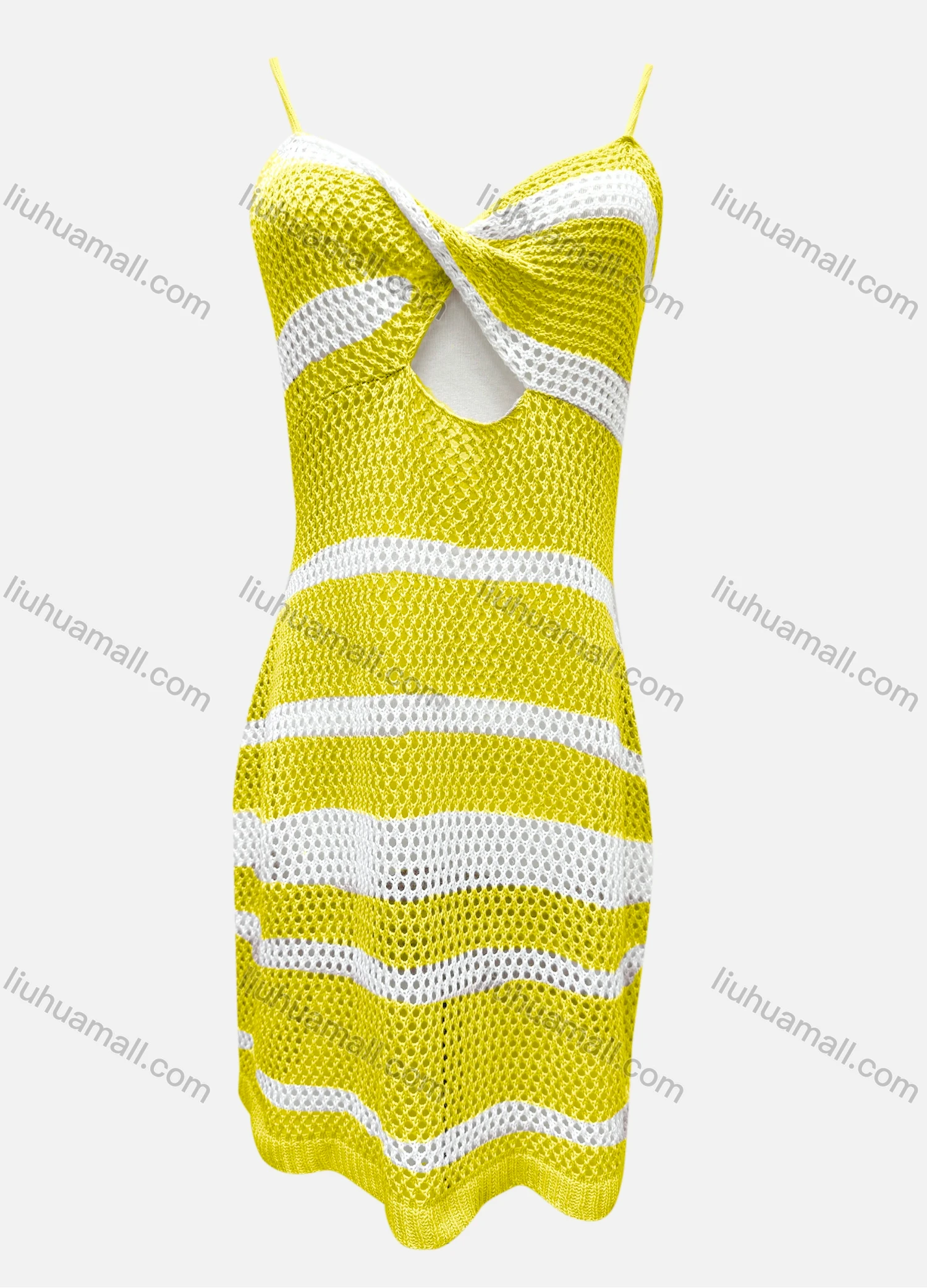 Wholesale Women's Vacation Striped Colorblock Hollow Out Twist Cover Up Cami Dress F125# - Liuhuamall