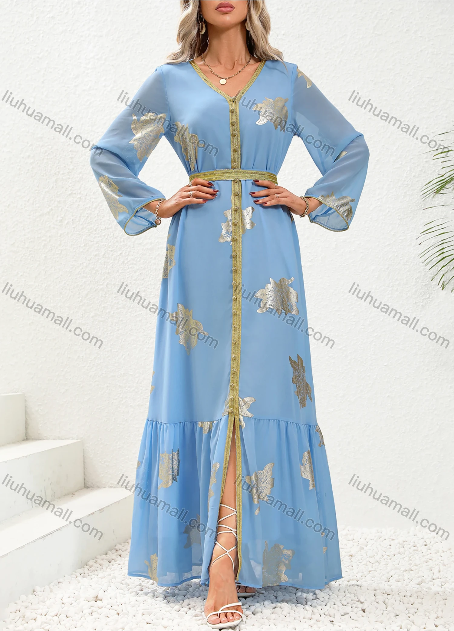 Wholesale Women's Elegant V Neck Leaf Print Ruffle Split Hem Button Decor Long Sleeve Abaya Dress With Belt - Liuhuamall