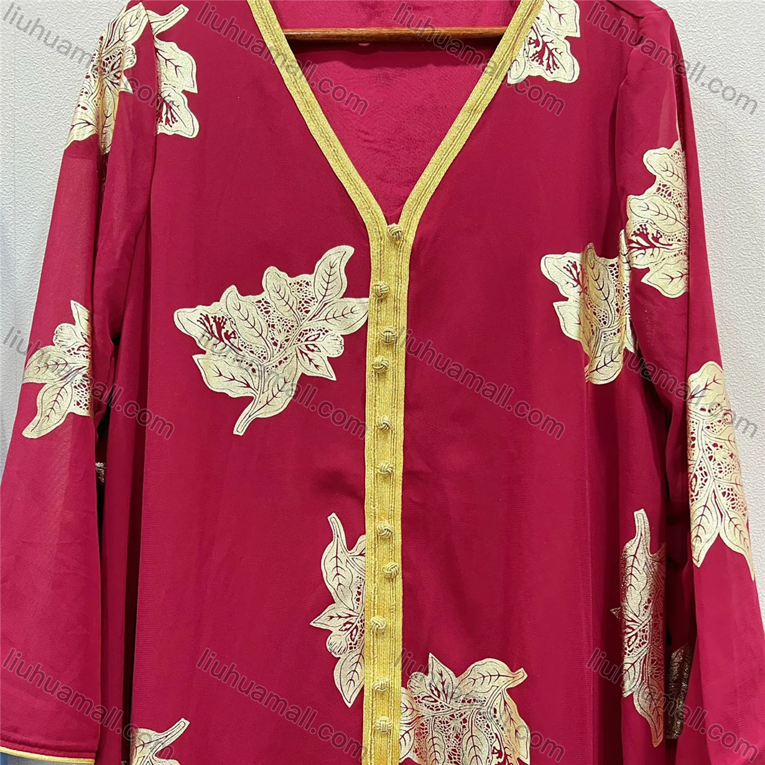 Wholesale Women's Elegant V Neck Leaf Print Ruffle Split Hem Button Decor Long Sleeve Abaya Dress With Belt - Liuhuamall