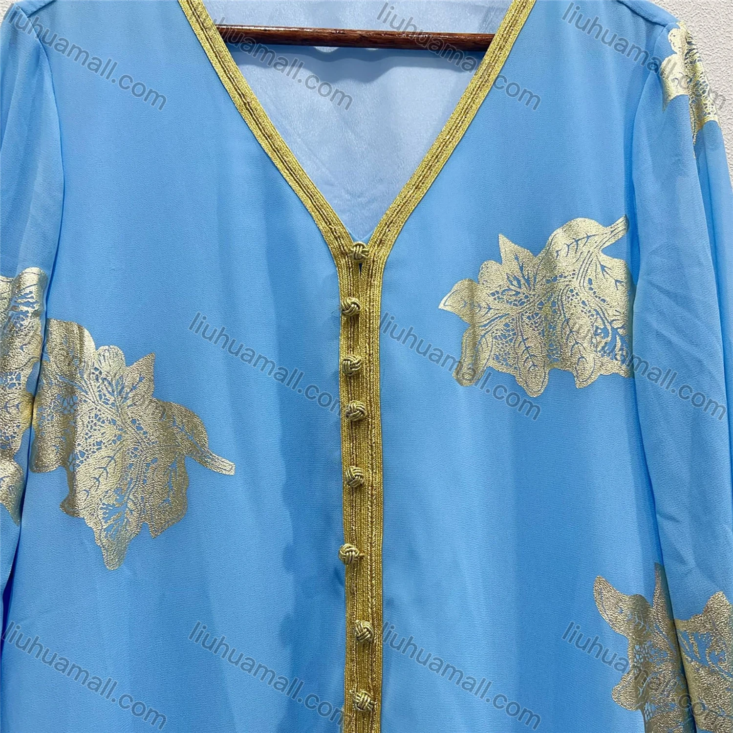 Wholesale Women's Elegant V Neck Leaf Print Ruffle Split Hem Button Decor Long Sleeve Abaya Dress With Belt - Liuhuamall