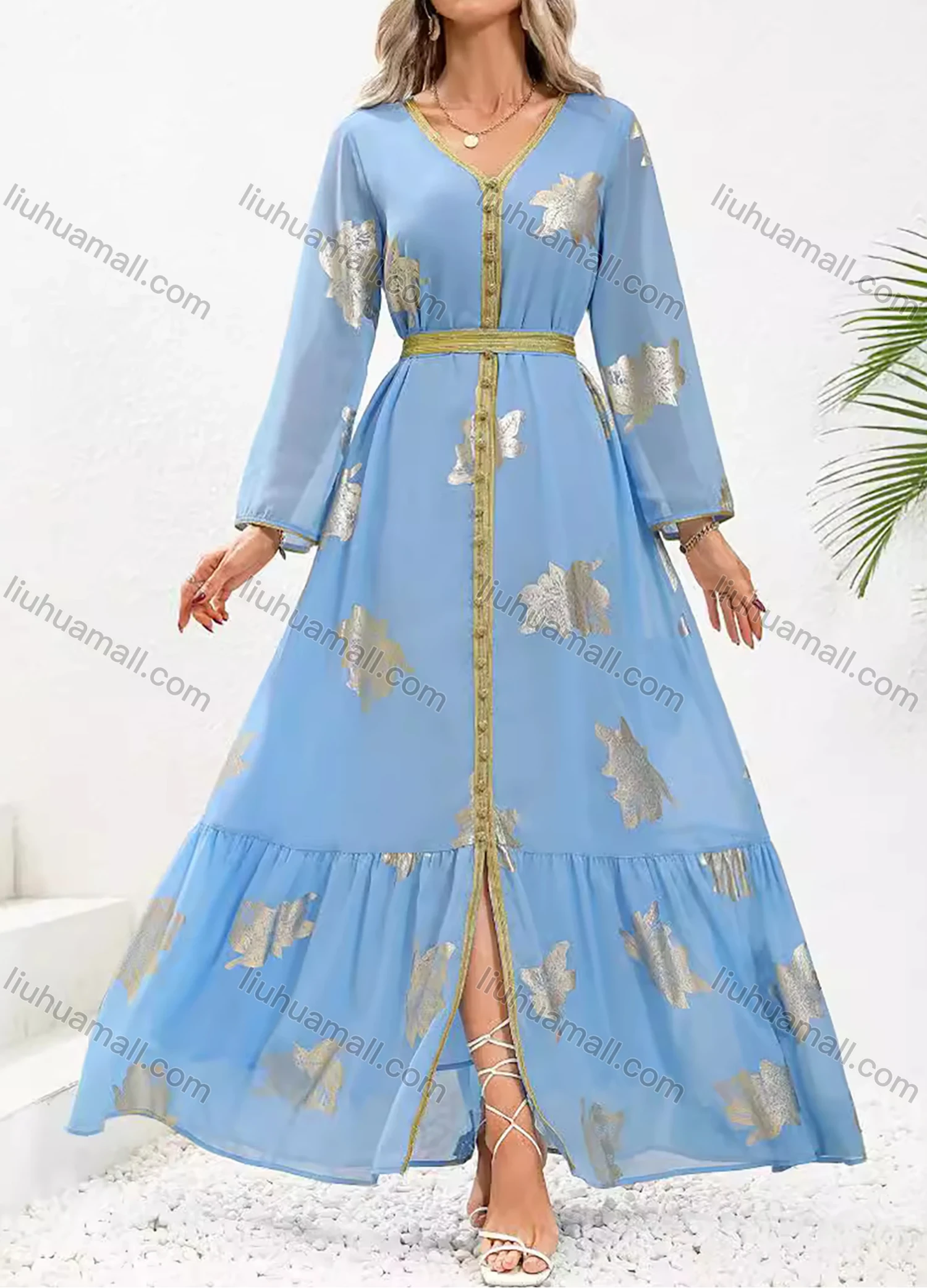 Wholesale Women's Elegant V Neck Leaf Print Ruffle Split Hem Button Decor Long Sleeve Abaya Dress With Belt - Liuhuamall