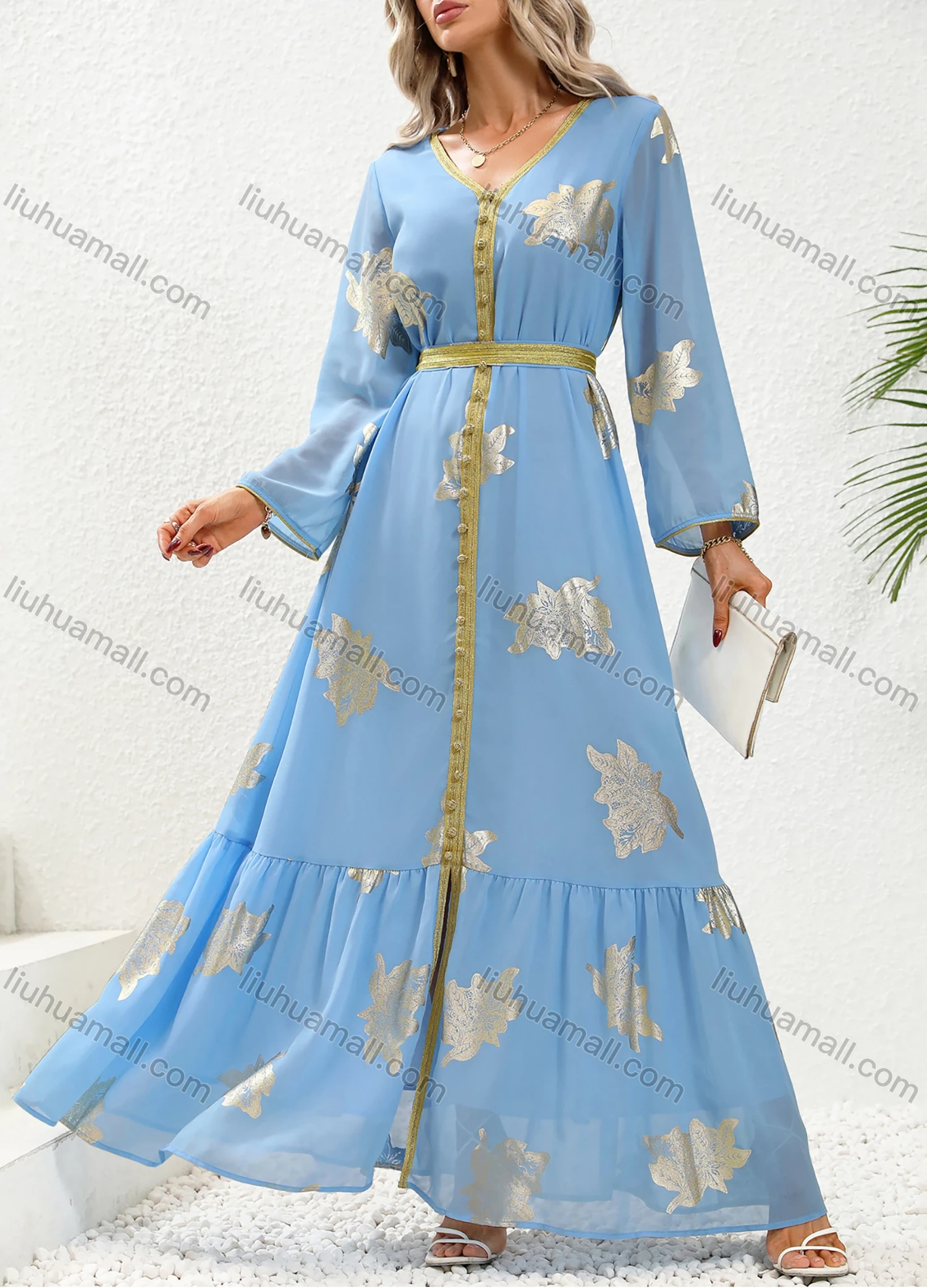 Wholesale Women's Elegant V Neck Leaf Print Ruffle Split Hem Button Decor Long Sleeve Abaya Dress With Belt - Liuhuamall