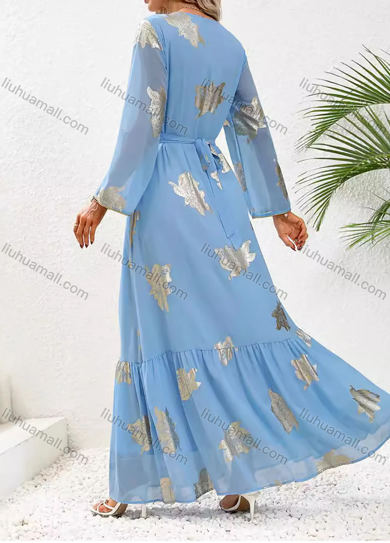 Wholesale Women's Elegant V Neck Leaf Print Ruffle Split Hem Button Decor Long Sleeve Abaya Dress With Belt - Liuhuamall