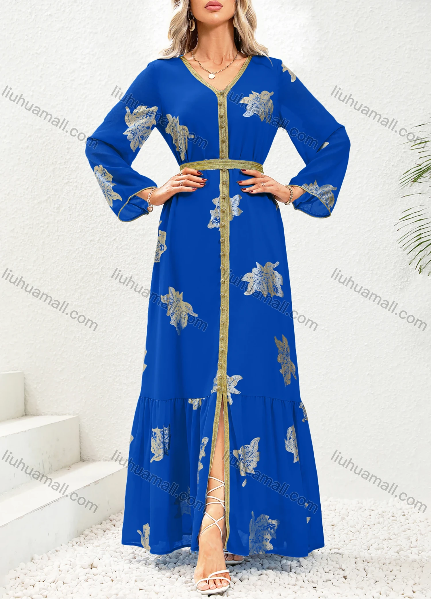 Wholesale Women's Elegant V Neck Leaf Print Ruffle Split Hem Button Decor Long Sleeve Abaya Dress With Belt - Liuhuamall