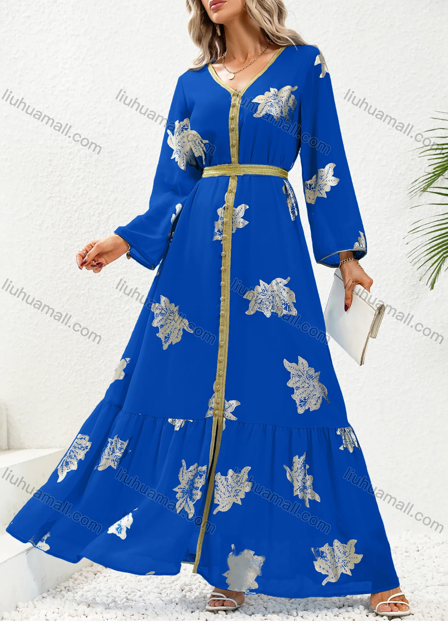 Wholesale Women's Elegant V Neck Leaf Print Ruffle Split Hem Button Decor Long Sleeve Abaya Dress With Belt - Liuhuamall