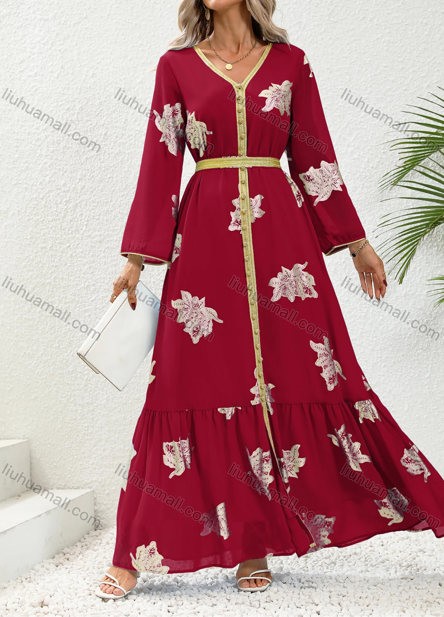 Wholesale Women's Elegant V Neck Leaf Print Ruffle Split Hem Button Decor Long Sleeve Abaya Dress With Belt - Liuhuamall