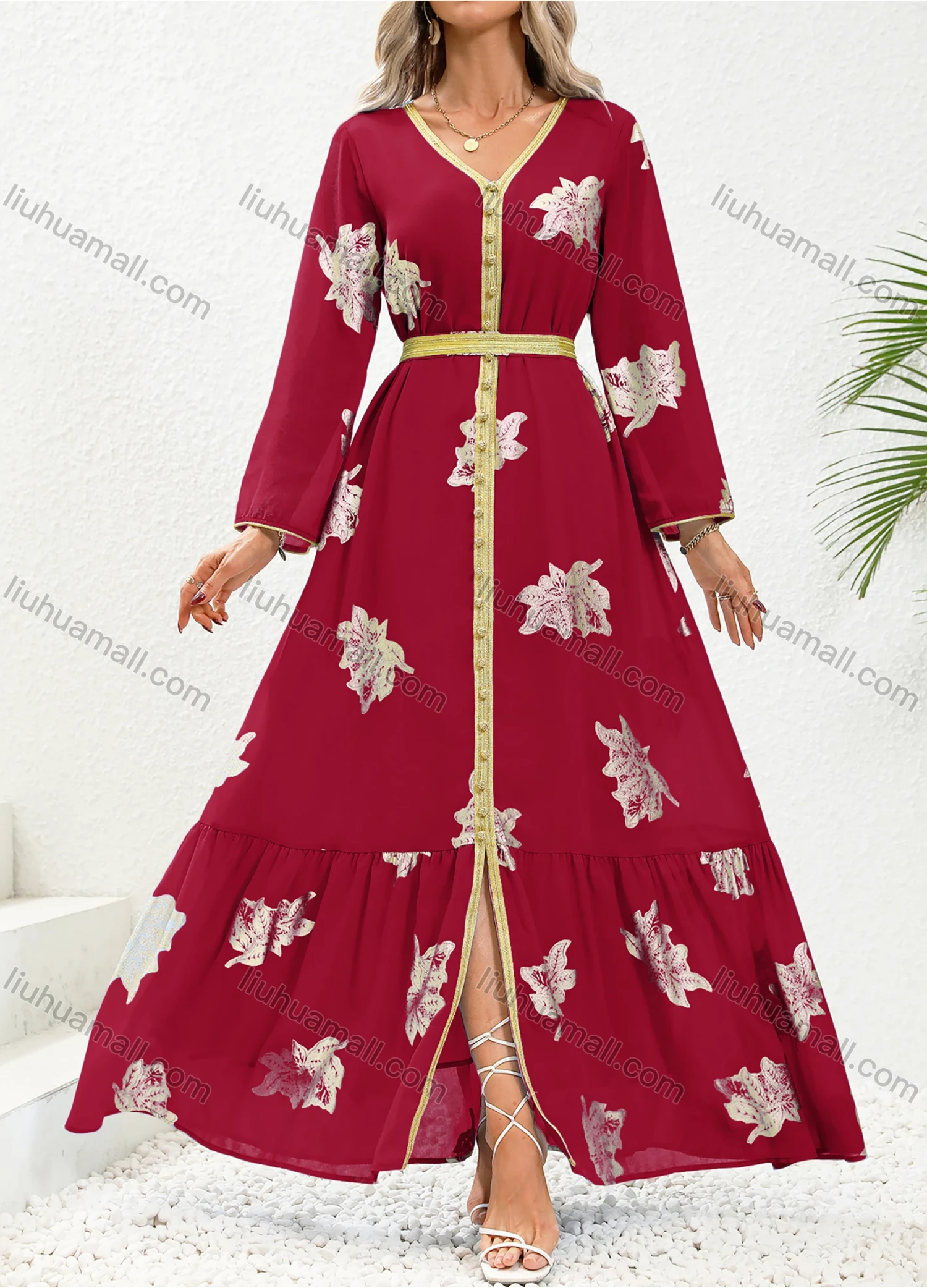 Wholesale Women's Elegant V Neck Leaf Print Ruffle Split Hem Button Decor Long Sleeve Abaya Dress With Belt - Liuhuamall