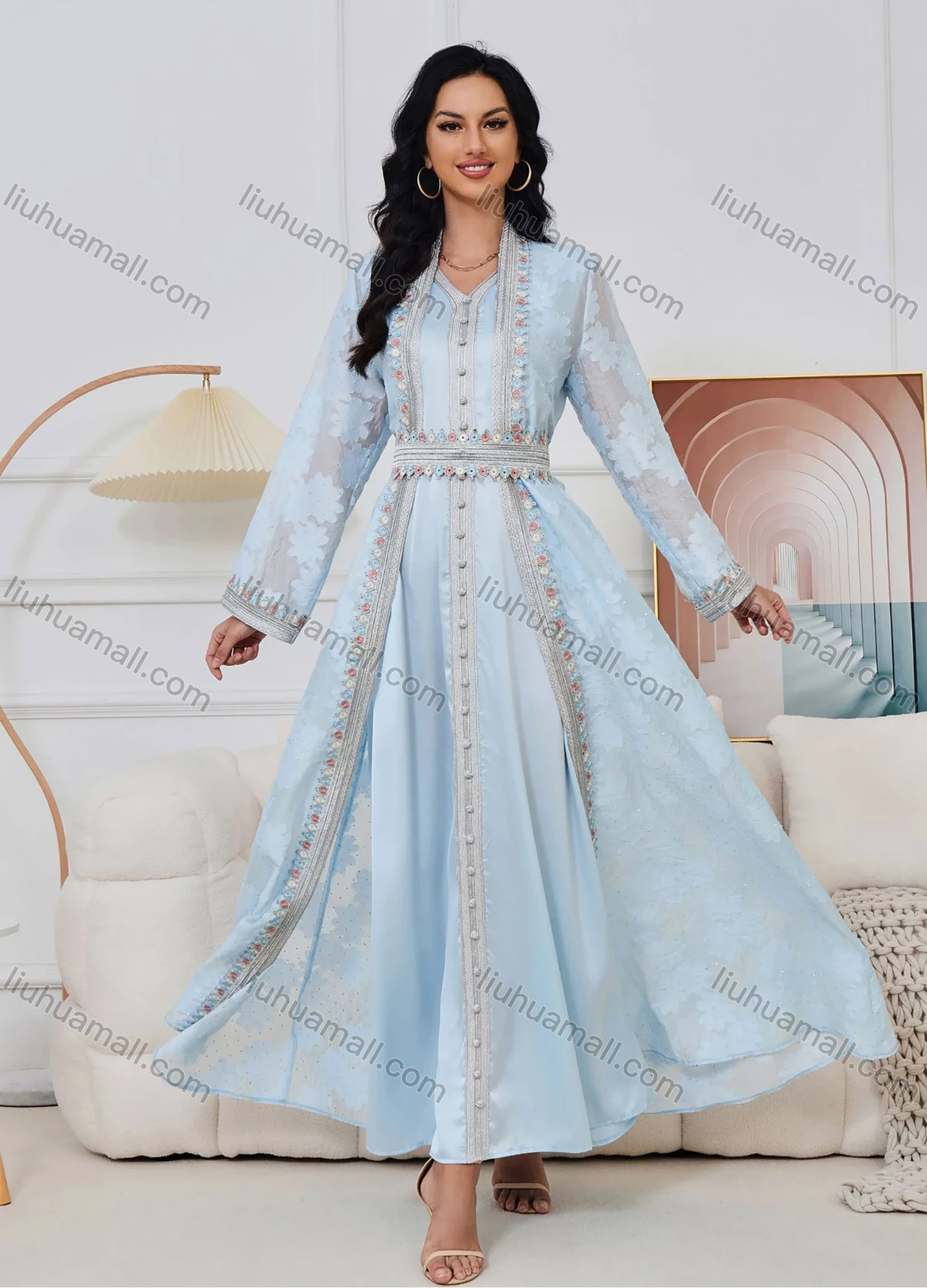 Wholesale Women's Elegant V Neck Plain Floral Rhinestone Button Decor Long Sleeve Abaya Dress With Belt 2 Piece Set - Liuhuamall