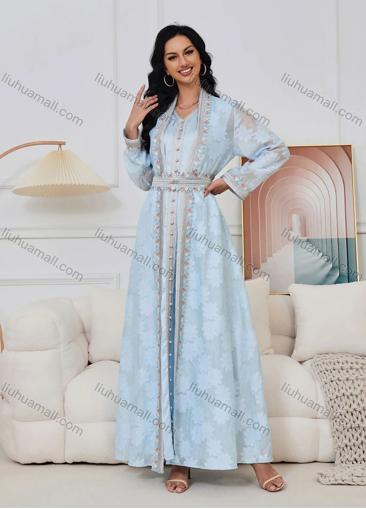 Wholesale Women's Elegant V Neck Plain Floral Rhinestone Button Decor Long Sleeve Abaya Dress With Belt 2 Piece Set - Liuhuamall