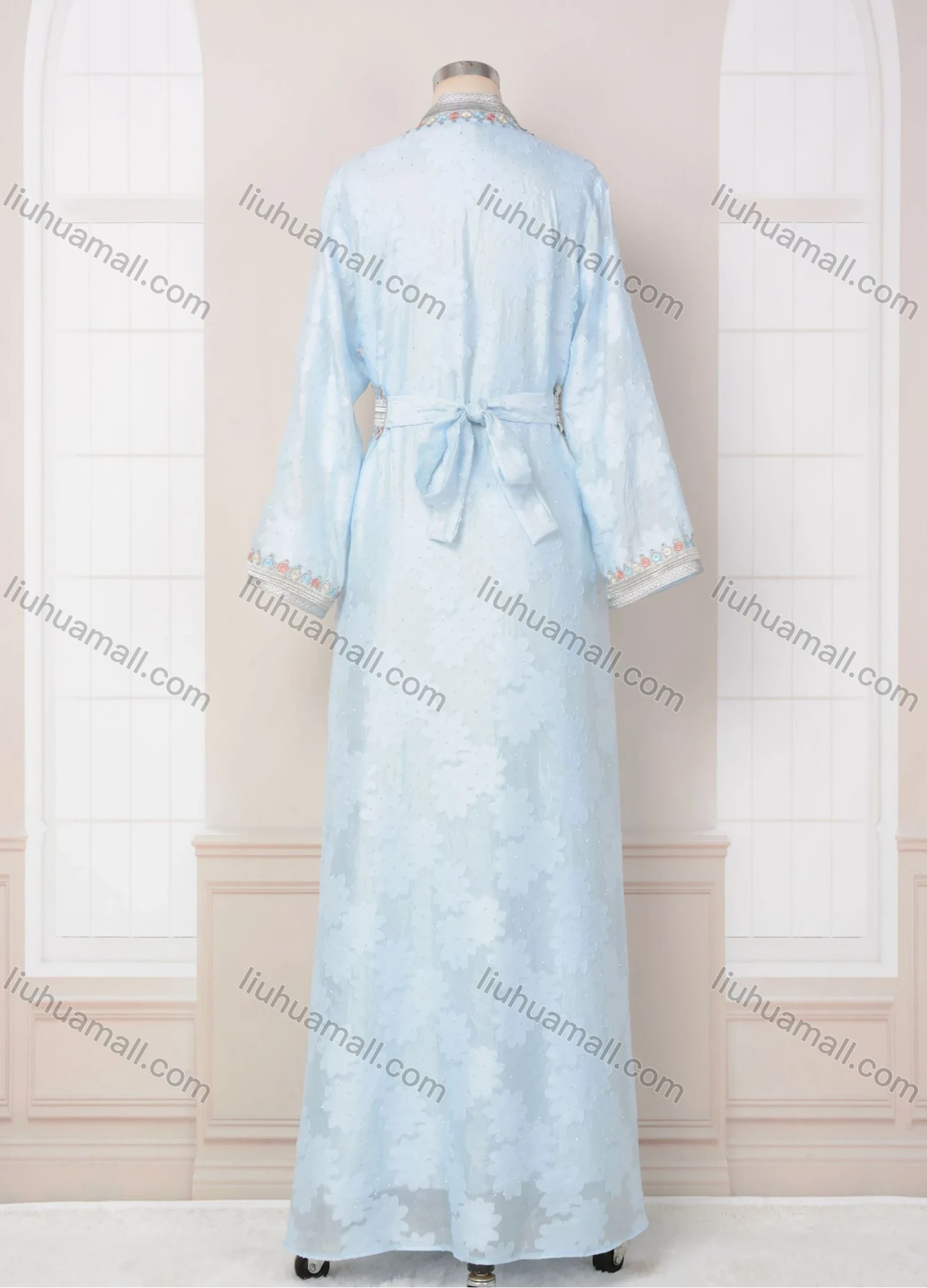 Wholesale Women's Elegant V Neck Plain Floral Rhinestone Button Decor Long Sleeve Abaya Dress With Belt 2 Piece Set - Liuhuamall